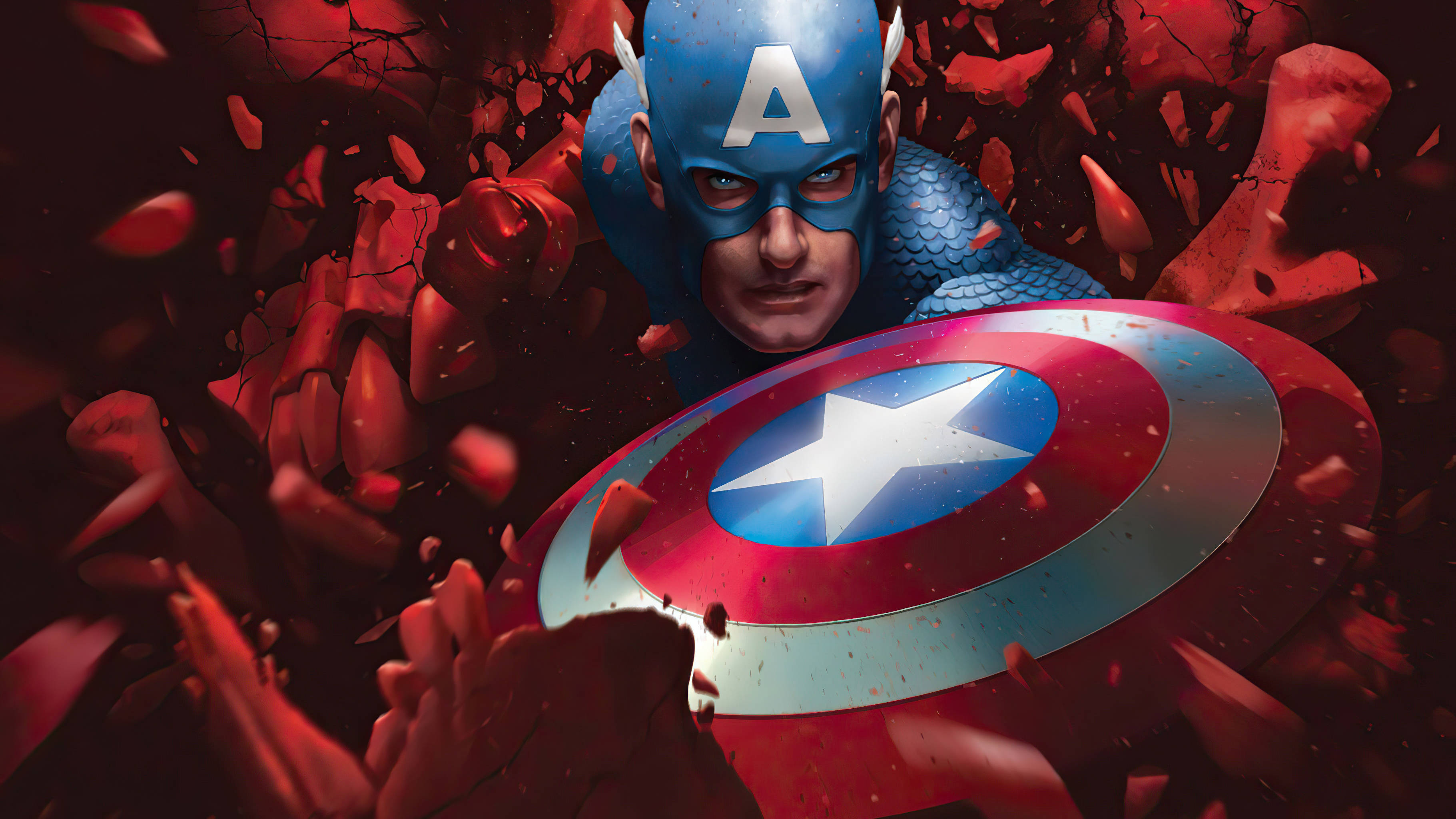 Marvel Aesthetic 桌布 壁紙 — 美國隊長以動感漫畫風格突破紅色瓦礫，手持標誌性盾牌。