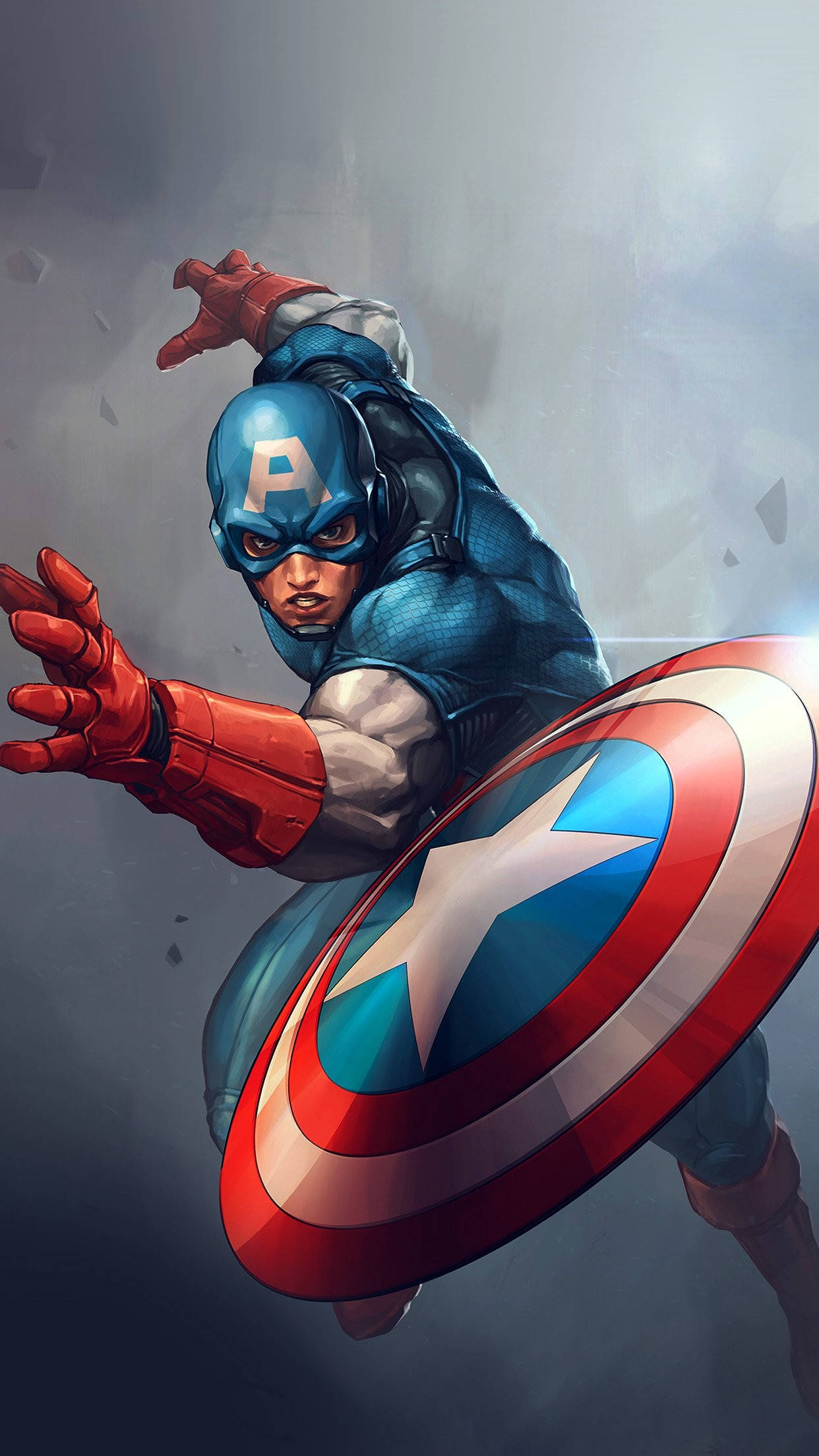 Captain America iPhone 桌布 壁紙 — 美國隊長以動態動作向前跳躍，手持其標誌性的星條盾牌，背景為煙霧瀰漫的灰色。