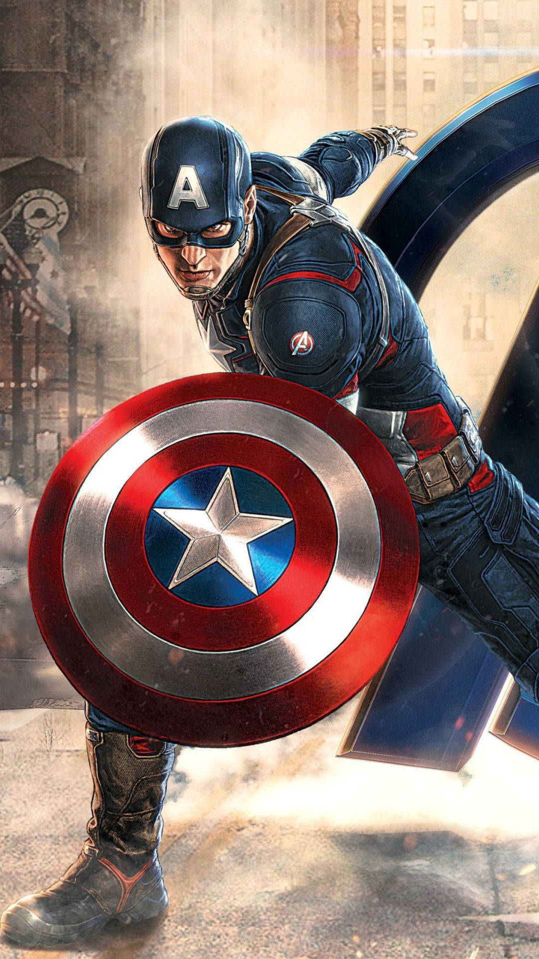 Marvel Captain America 桌布 壁紙 — 美國隊長以動態姿勢手持標誌性盾牌，身處城市煙霧和瓦礫之中。