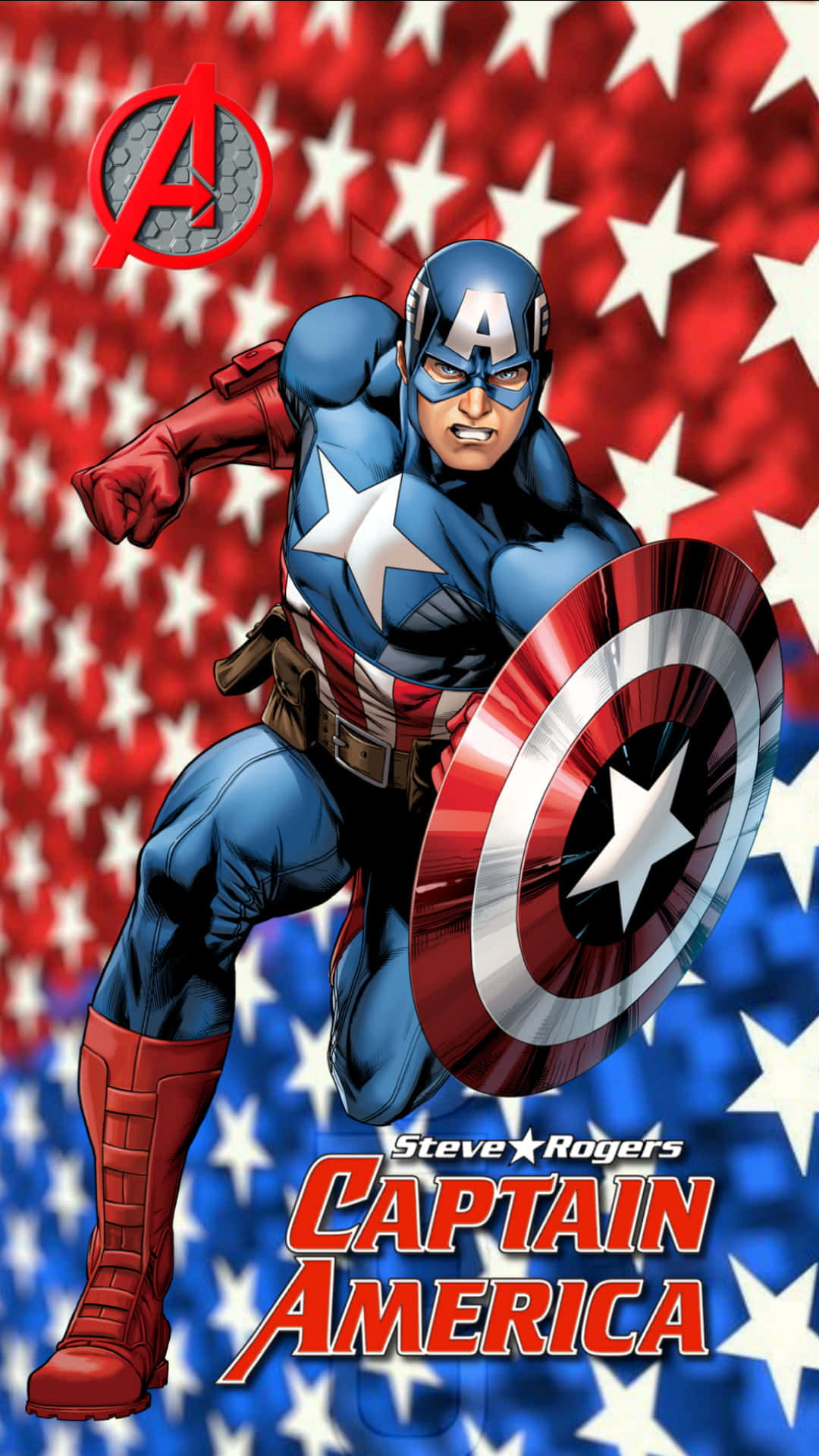 Retro Captain America 桌布 壁紙 — 美國隊長以動態姿勢手持盾牌，背景為愛國星條旗。