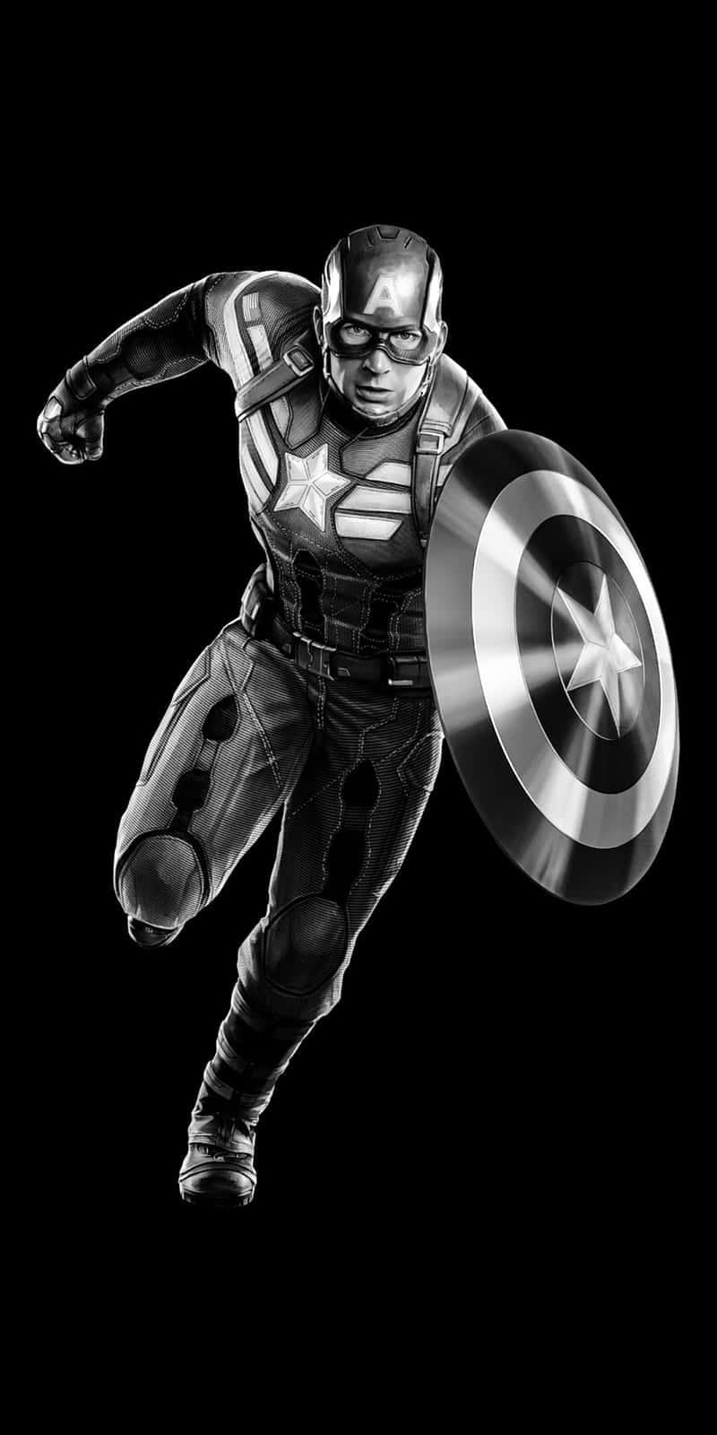 Captain America Android 桌布 壁紙 — 美國隊長以動態姿勢持盾，背景為強烈黑色，高對比單色調。