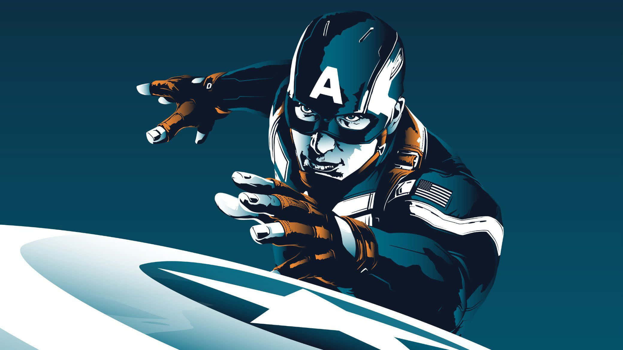 Retro Captain America 桌布 壁紙 — 美國隊長以動態姿勢握緊盾牌，背景為深青色。