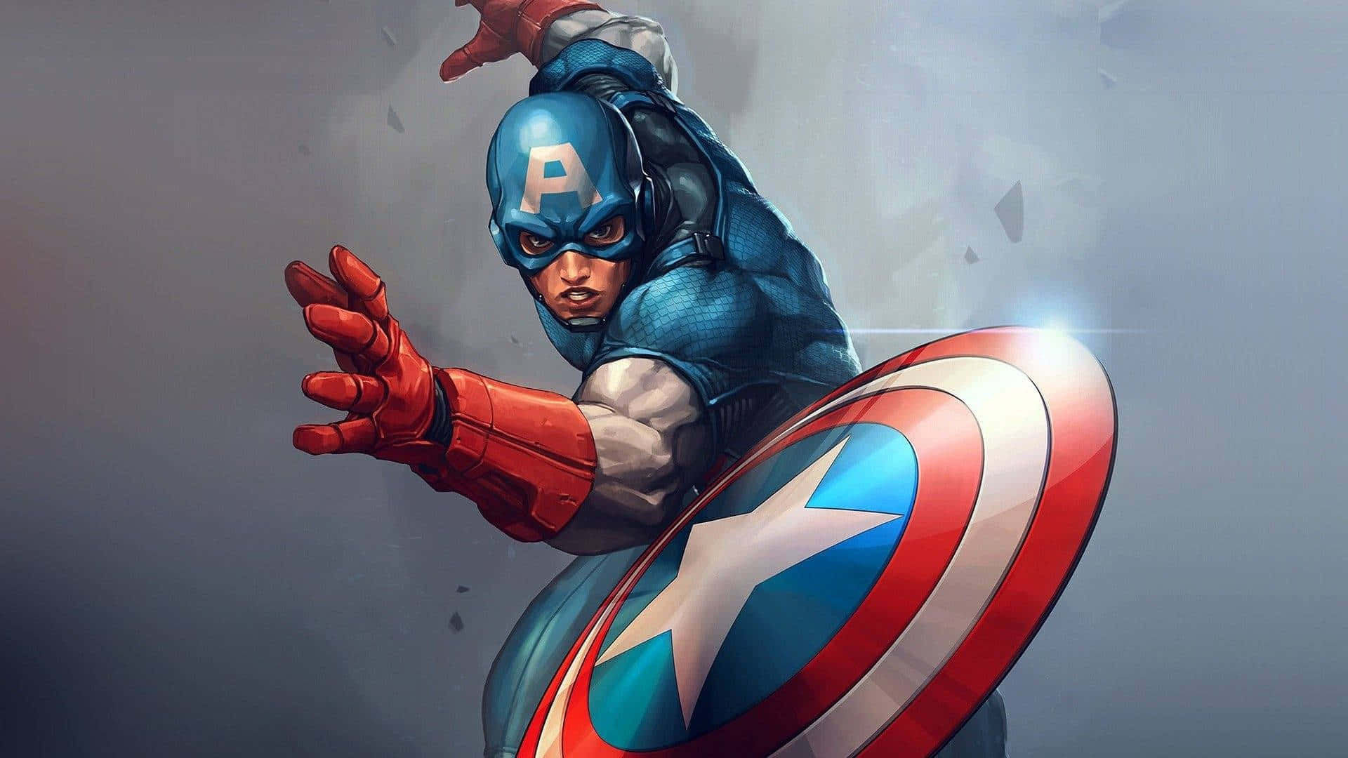 4K Captain America 桌布 壁紙 — 美國隊長以動態姿勢揮舞其標誌性星盾，背景為煙霧灰色。