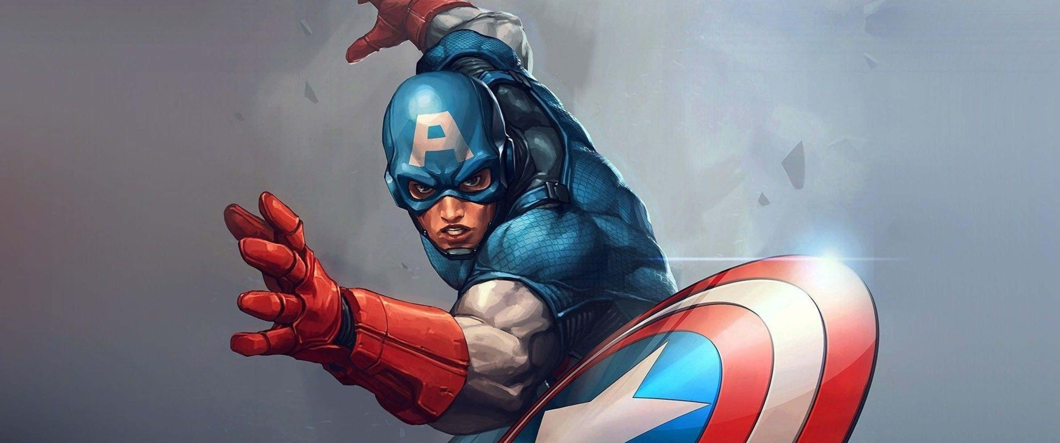 3440x1440p Captain America 桌布 壁紙 — 美國隊長以動態姿勢揮舞其標誌性盾牌，背景為煙霧瀰漫的灰色。