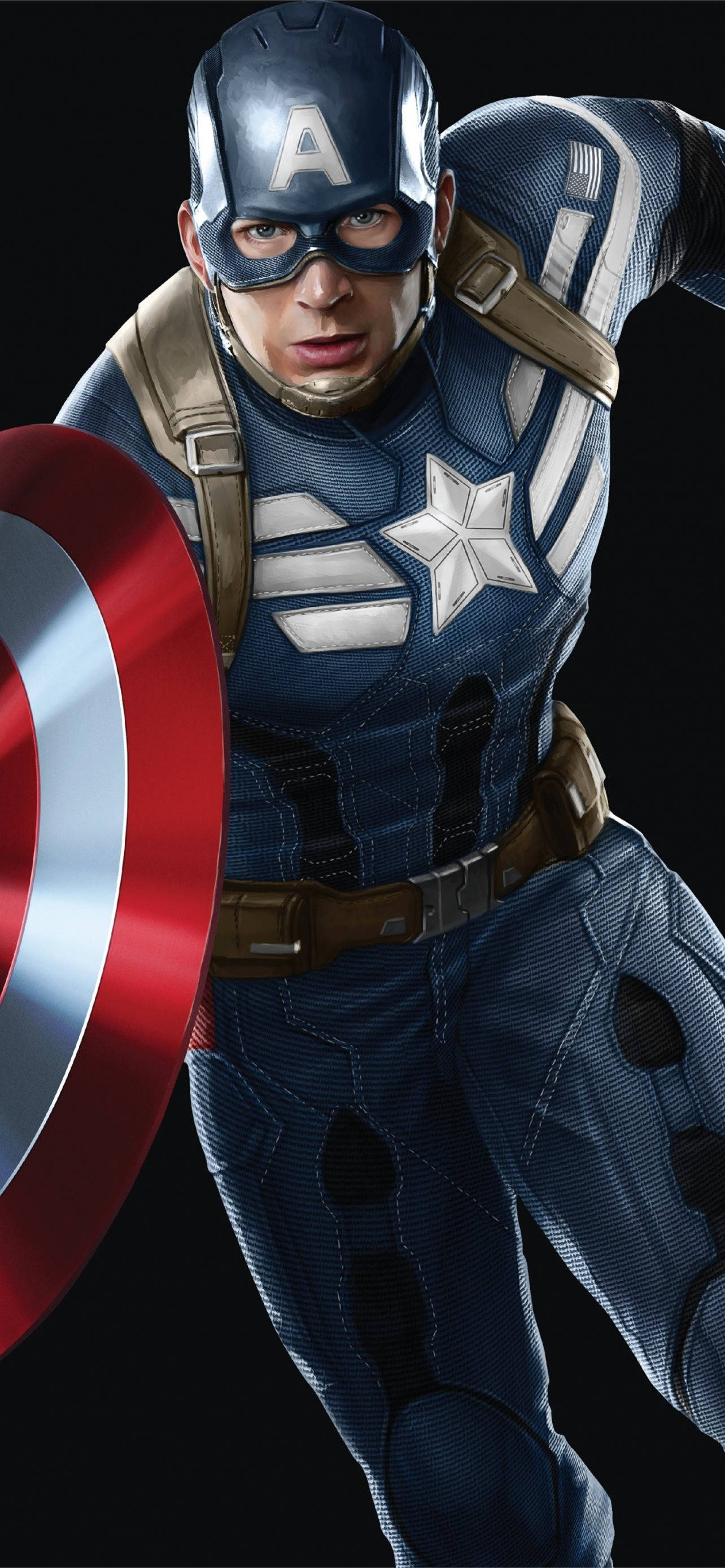 Winter Soldier 桌布 壁紙 — 美國隊長以動態姿勢站立，手持其標誌性的紅白藍盾牌，背景為黑色。