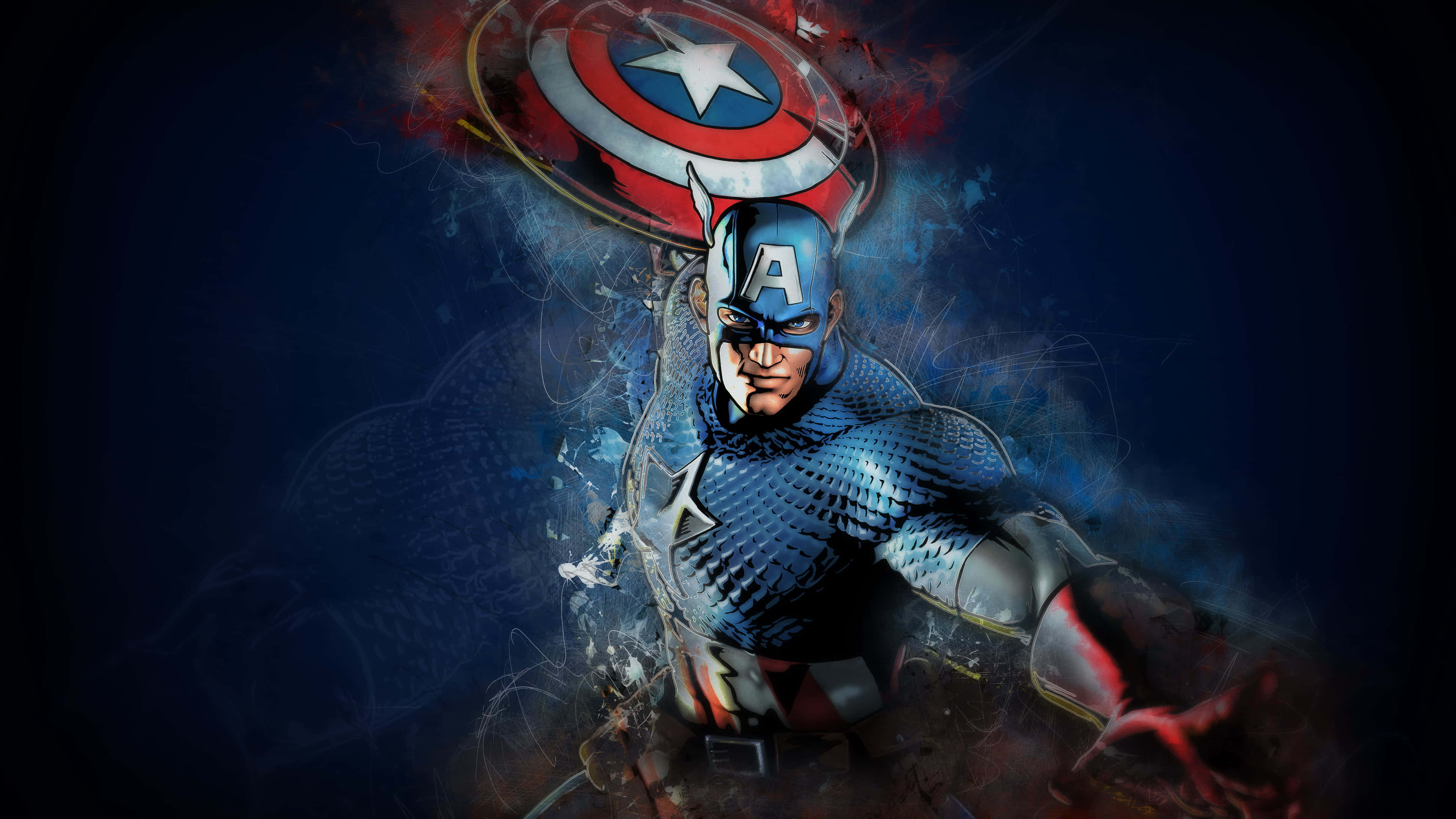 Retro Captain America 桌布 壁紙 — 美國隊長以動態姿勢站立，盾牌高舉，被旋轉能量包圍，背景為深藍色。