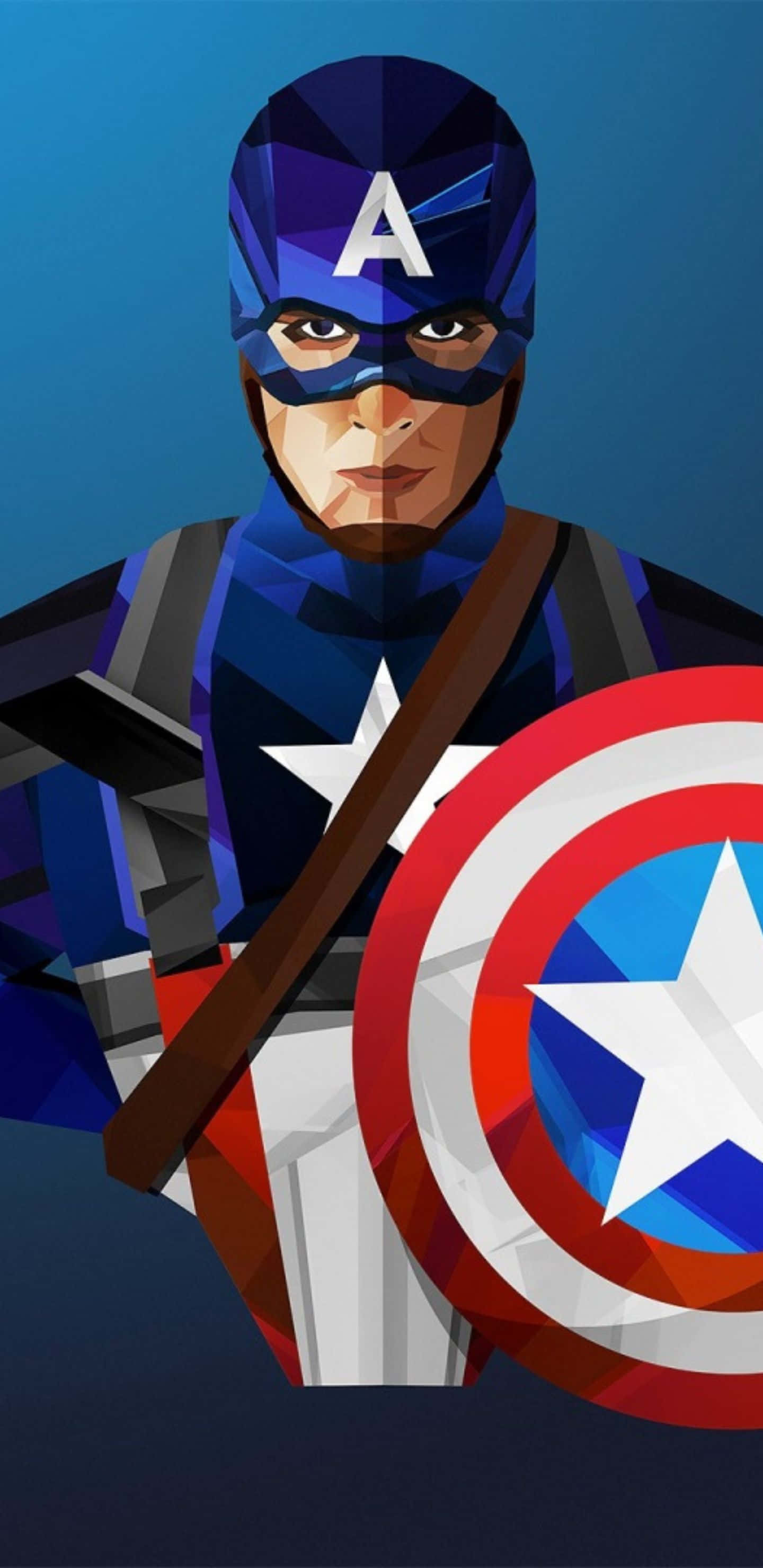 Pixel 3xl Captain America 桌布 壁紙 — 美國隊長以大膽的低多邊形風格站立，手持標誌性盾牌，背景為漸變藍色。