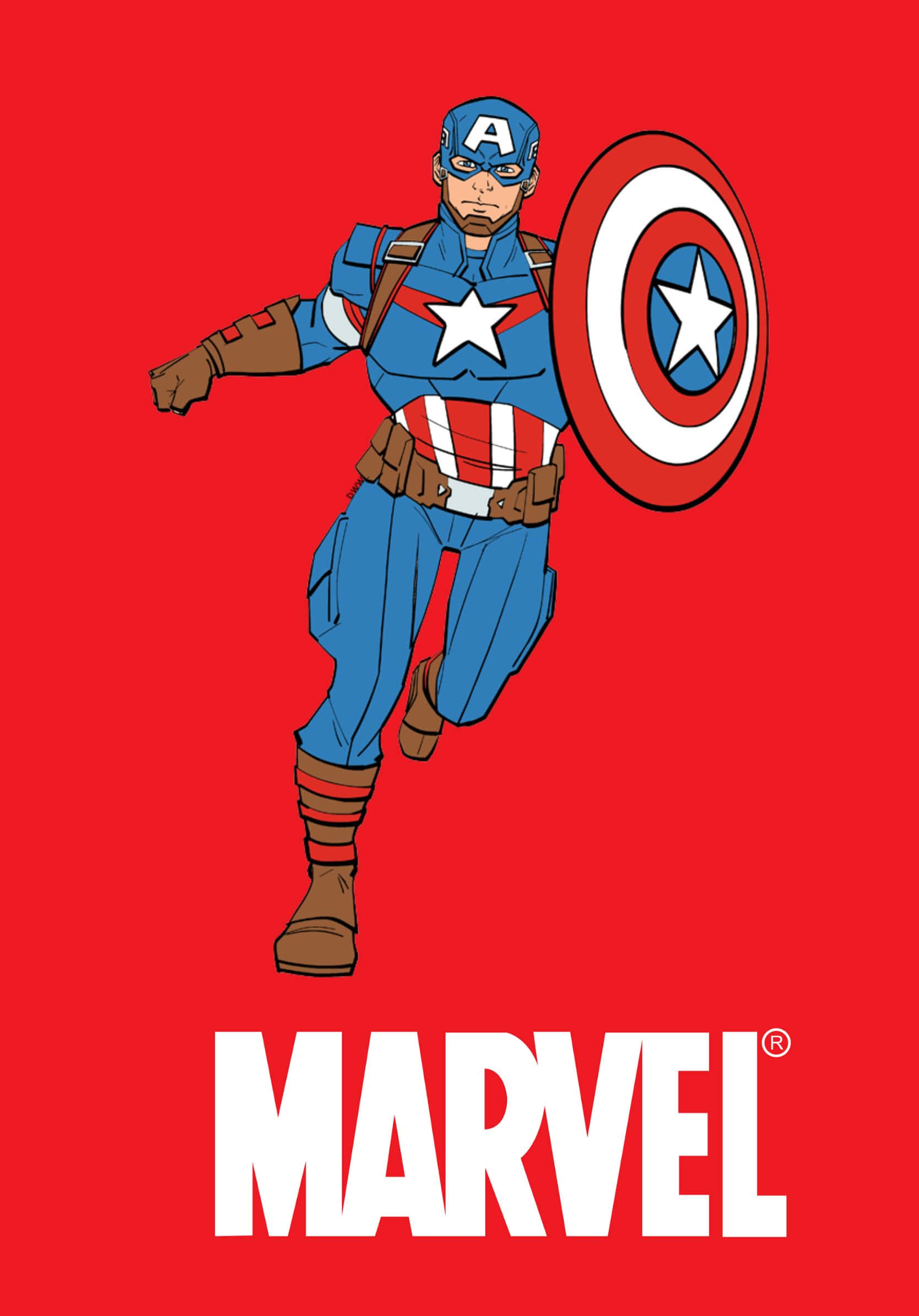Best Marvel 桌布 壁紙 — 美國隊長以經典漫畫風格向前奔跑，盾牌高舉，背景為大膽的紅色。