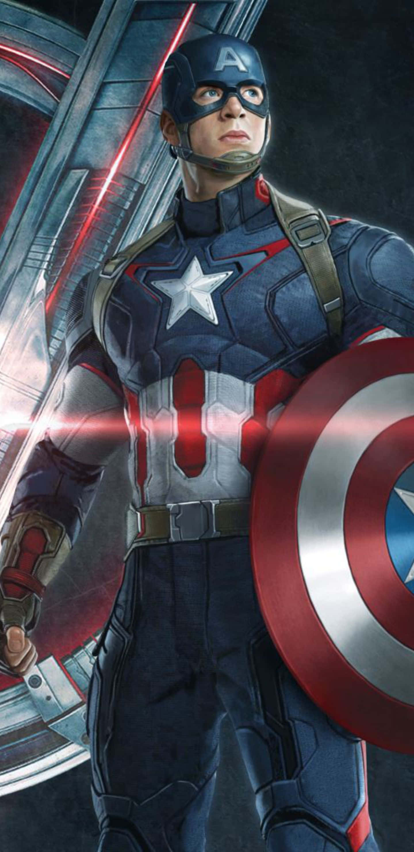 Pixel 3xl Captain America 桌布 壁紙 — 美國隊長以英雄姿勢站立，手持標誌性盾牌，背景是發光的未來風格。