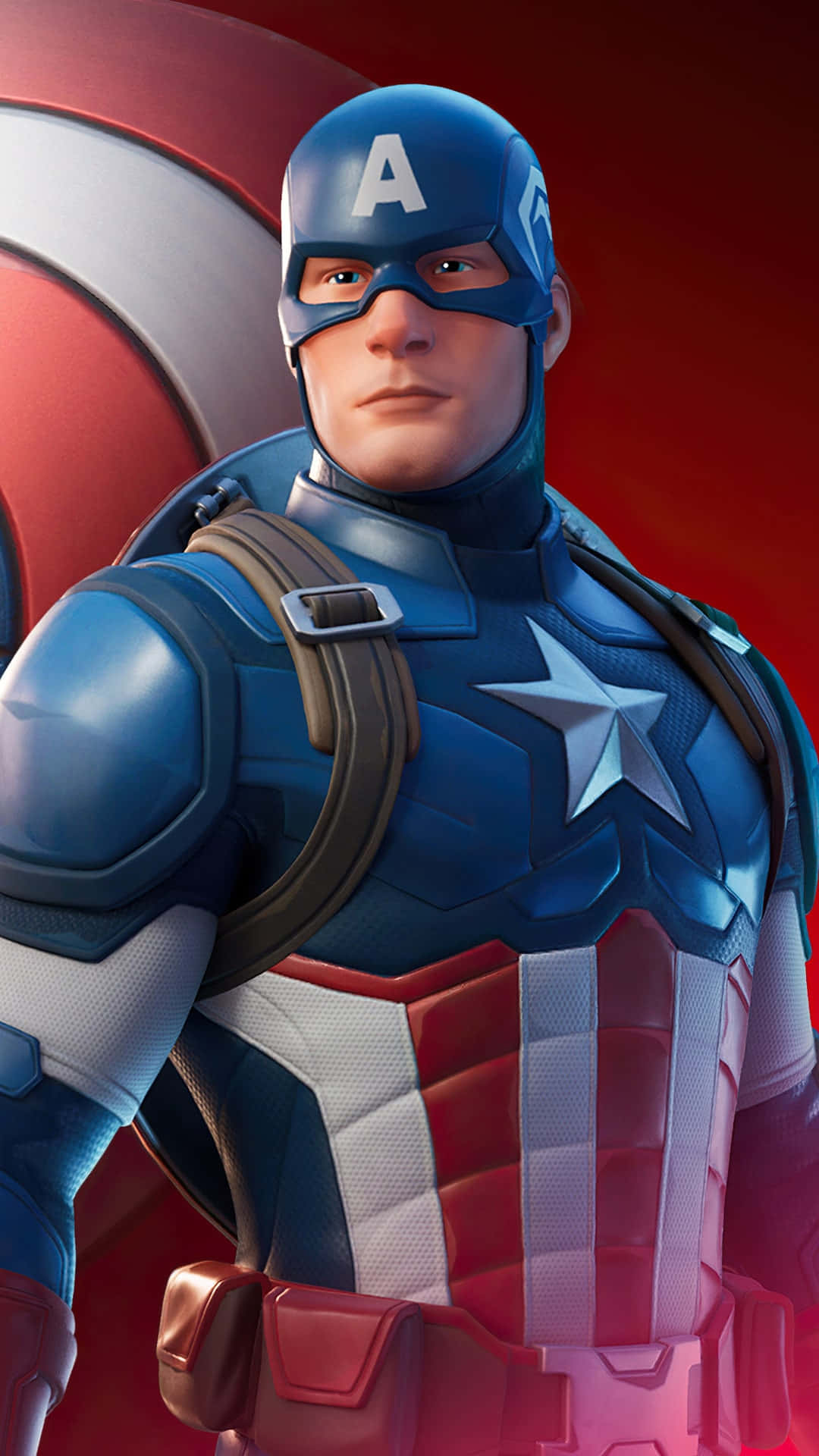 Fortnite 桌布 壁紙 — 美國隊長以英雄姿勢站立，盾牌在身後，背景為大膽的紅色。