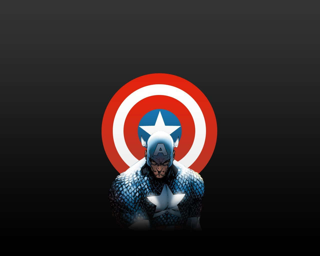 Captain America Logo 桌布 壁紙 — 美國隊長以英雄姿態站立，他標誌性的盾牌在黑暗漸變背景後方發光。