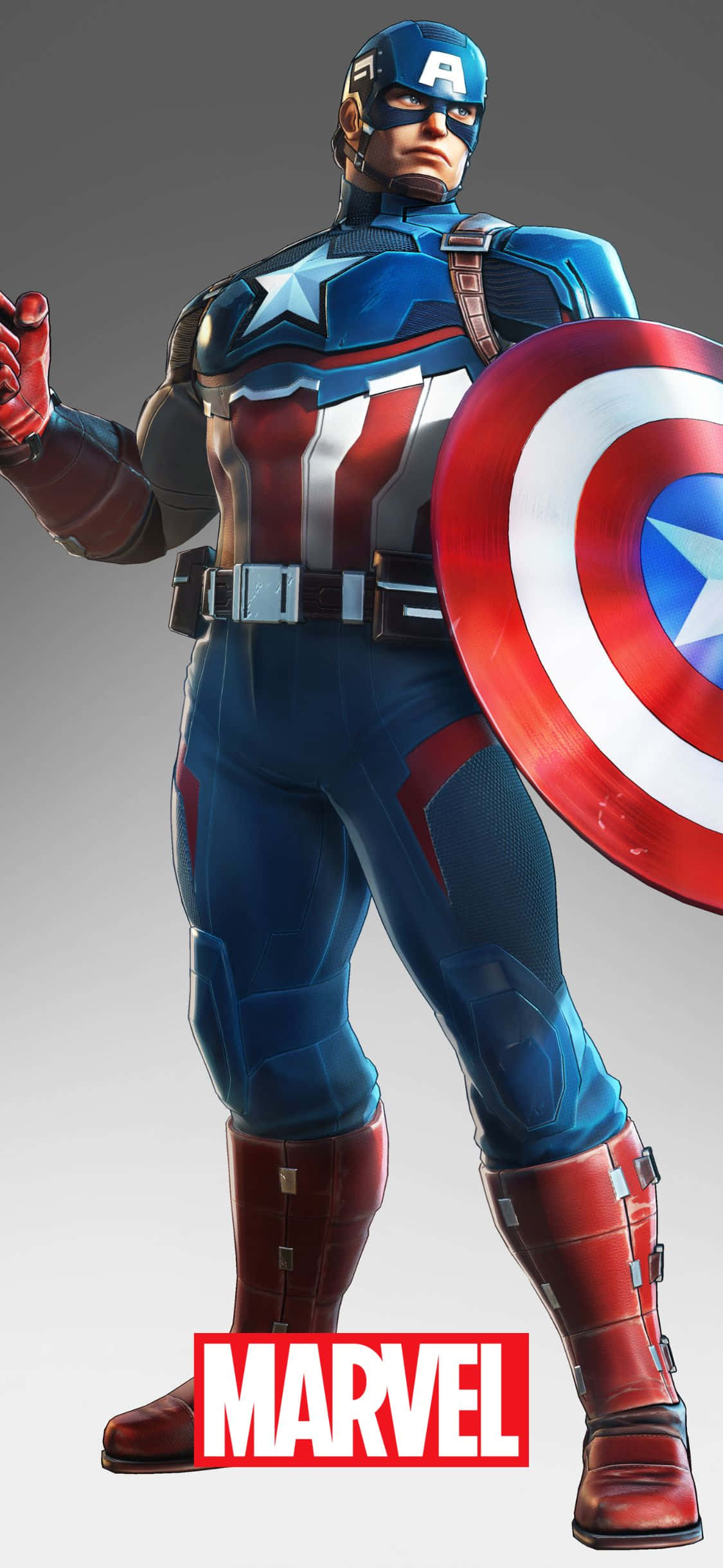 iPhone Xs Marvel 桌布 壁紙 — 美國隊長以英雄姿態站立，手持標誌性盾牌，背景為純灰色。