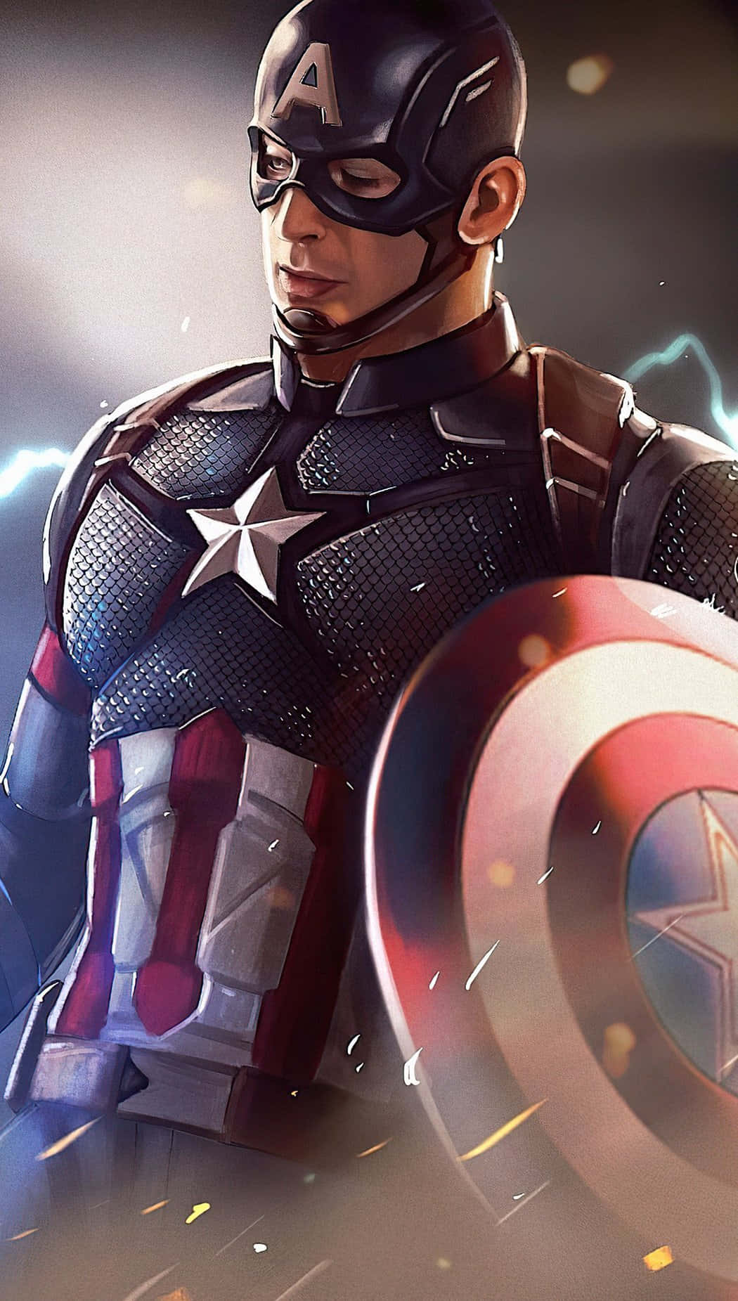 Marvel Captain America 桌布 壁紙 — 美國隊長以英雄姿態站立，手持標誌性盾牌，周圍火花四濺。