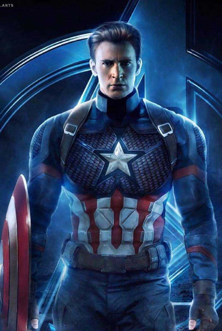 Captain America Desktop 桌布 壁紙 — 美國隊長以英雄姿態站立，手持盾牌，背景是發光的藍色未來風格。