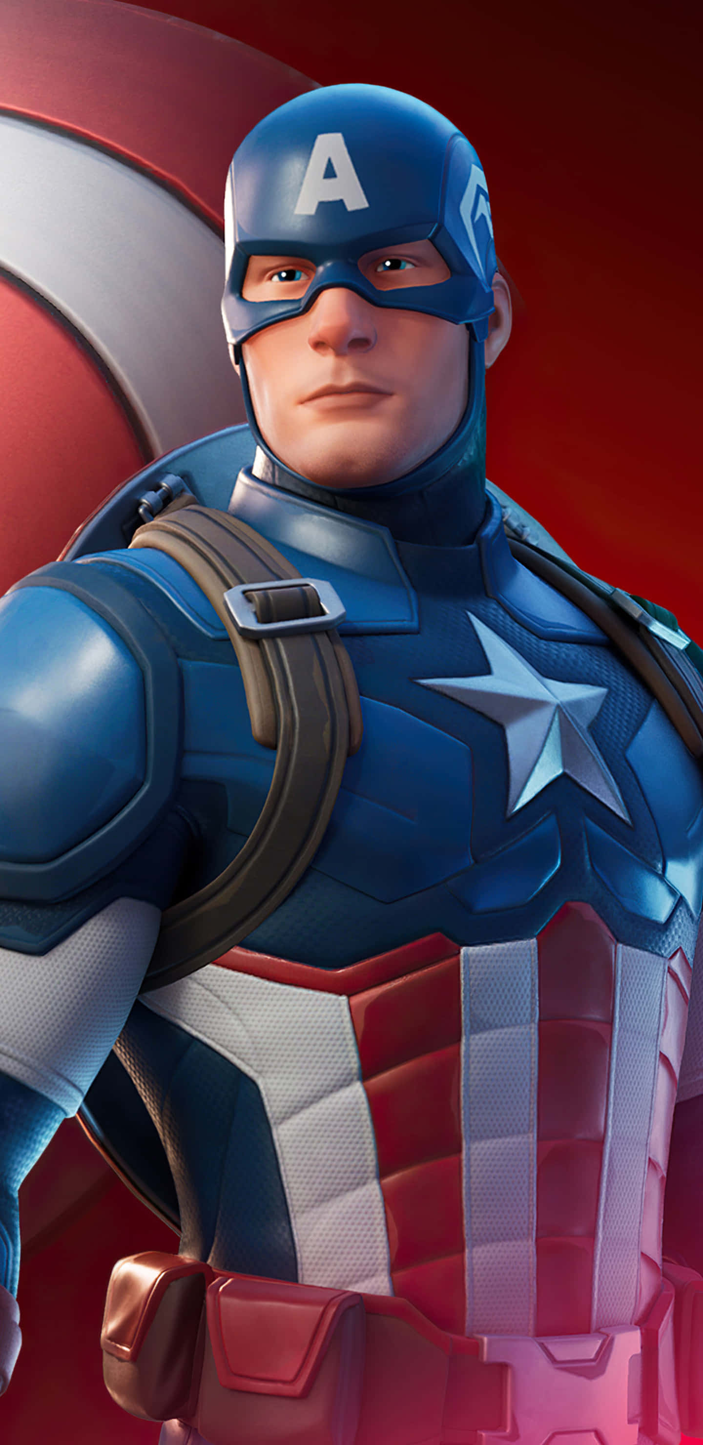 Pixel 3xl Captain America 桌布 壁紙 — 美國隊長以英雄姿態站立，身後有盾牌，身穿大膽的紅、藍、白色服裝。