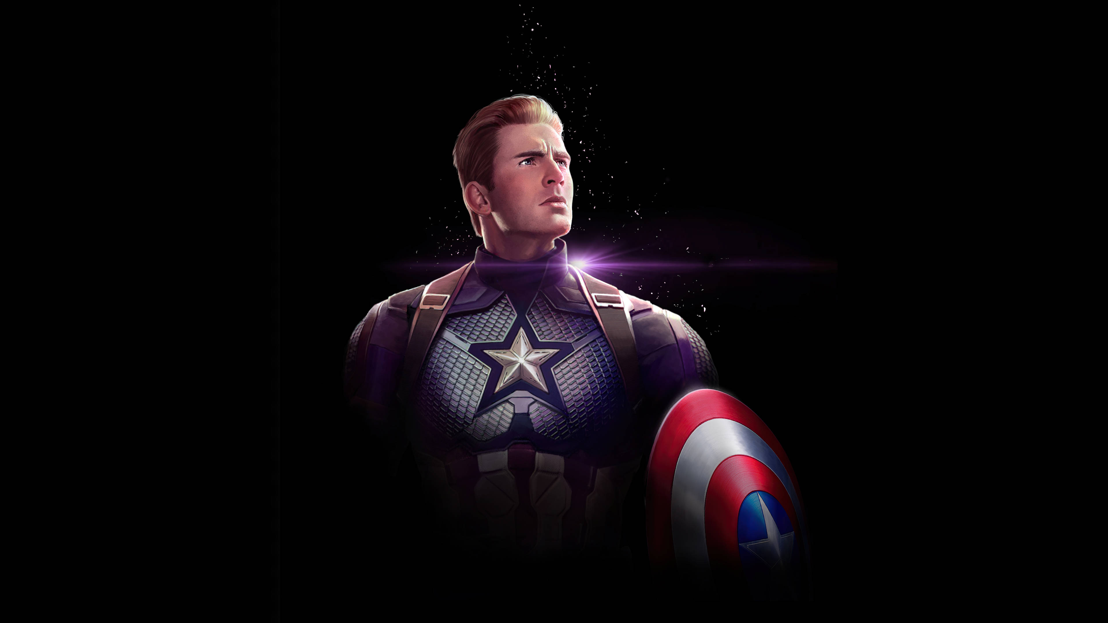 Marvel Captain America 桌布 壁紙 — 美國隊長以黑色剪影站立，手持標誌性盾牌，背後有發光的光芒。