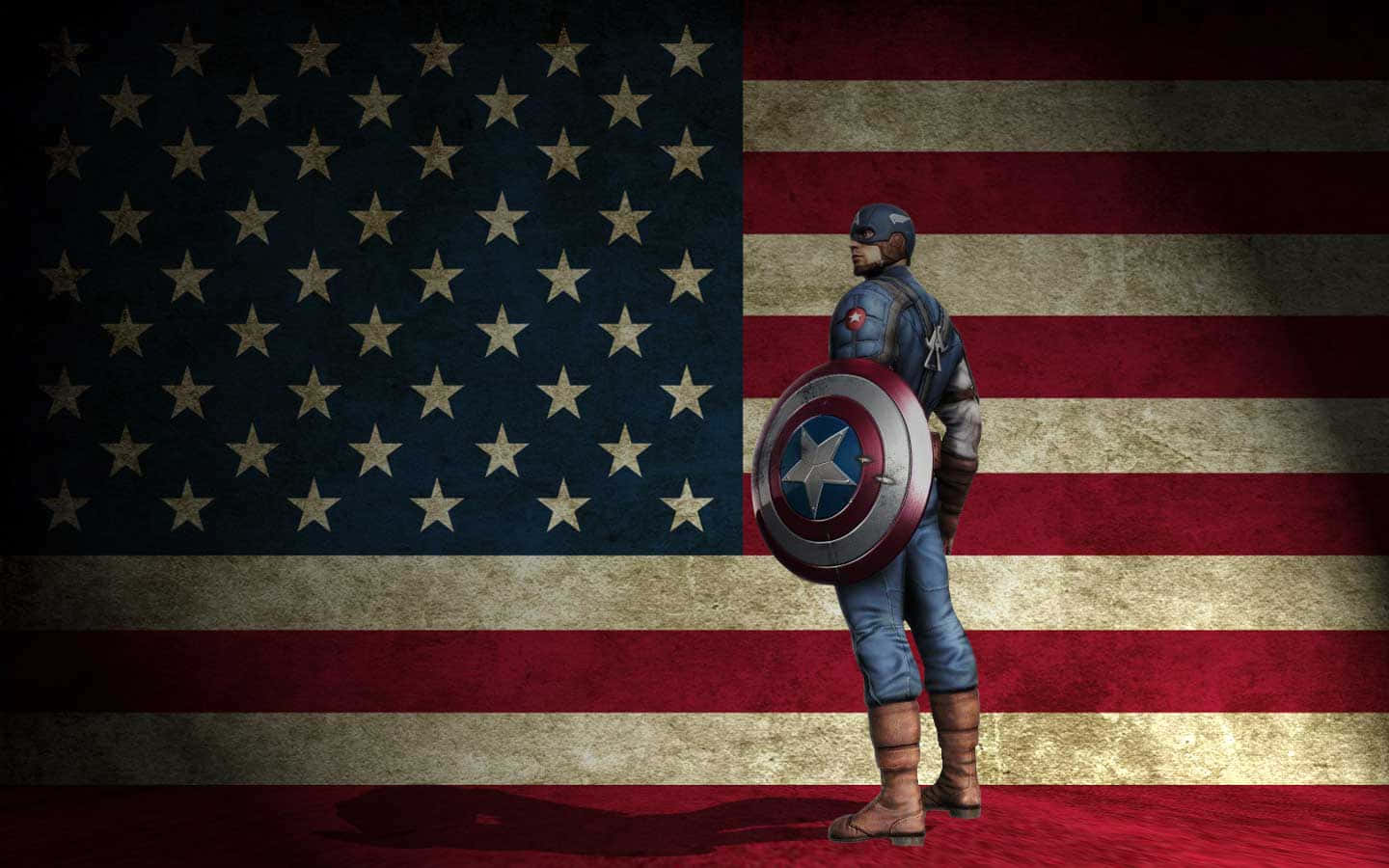 Retro Captain America 桌布 壁紙 — 美國隊長側身站立，手持盾牌，背景是破舊的美國國旗。