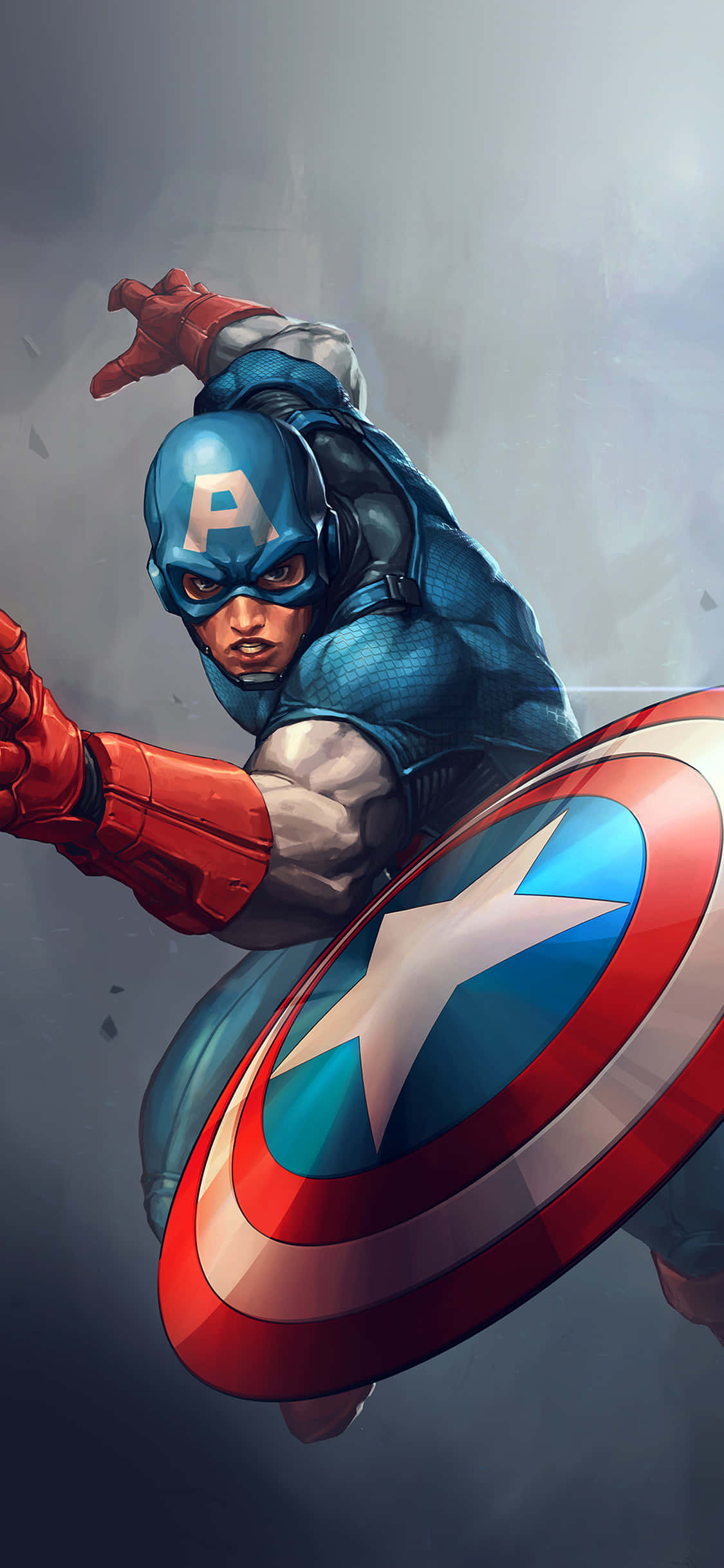 Captain America Cool 桌布 壁紙 — 美國隊長向前躍進，動作充滿動感，手持標誌性的星盾，背景為柔和的灰色。