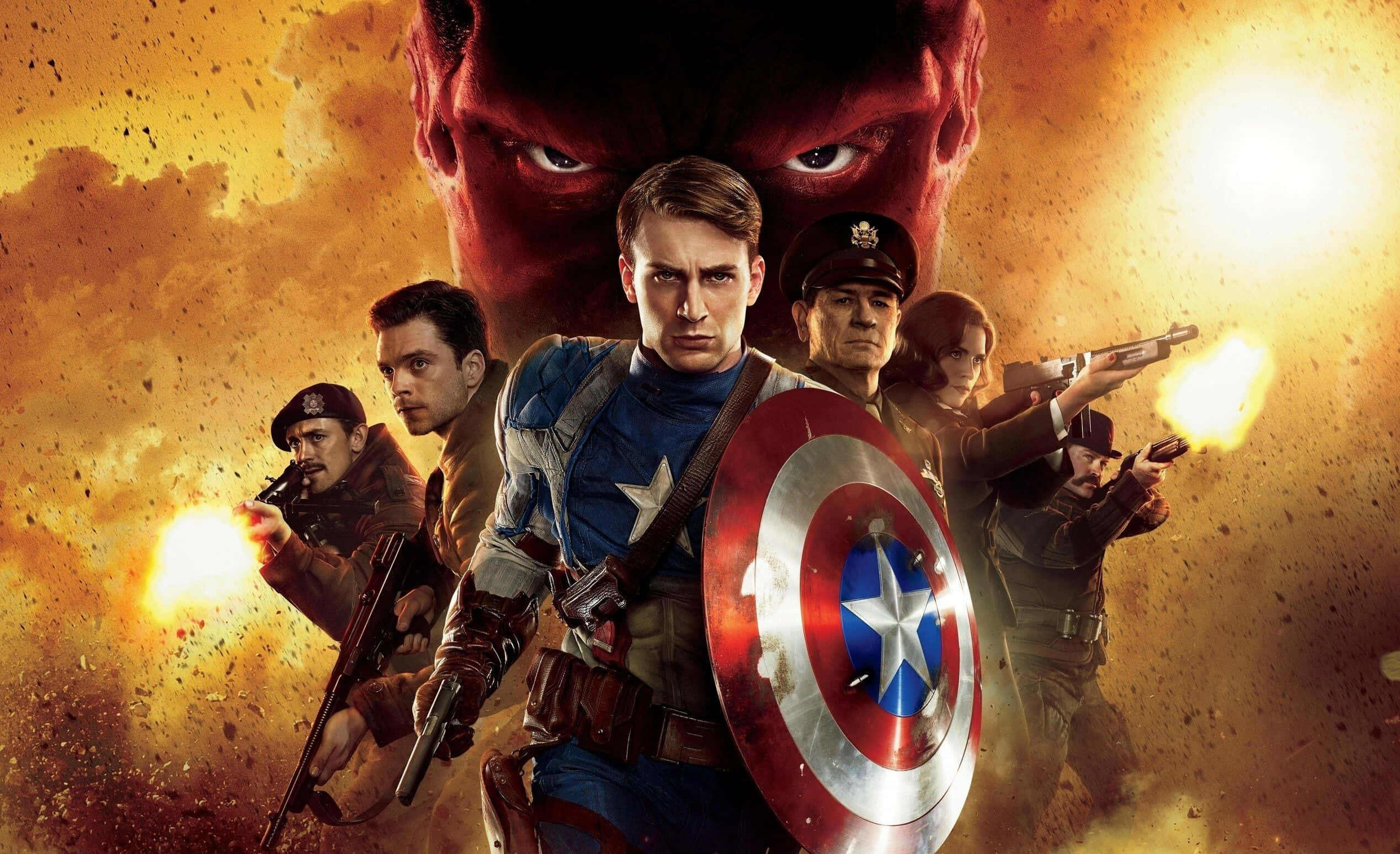 4K Captain America 桌布 壁紙 — 美國隊長和他的團隊準備好戰鬥，對抗一個在熾熱爆炸中逼近的紅皮膚反派。
