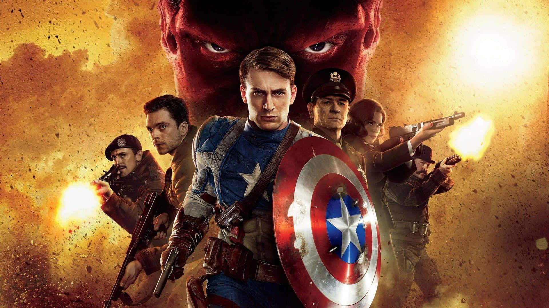 HD Captain America 桌布 壁紙 — 美國隊長和他的團隊準備好與一個迫在眉睫的紅皮膚反派在熾熱的爆炸中戰鬥。