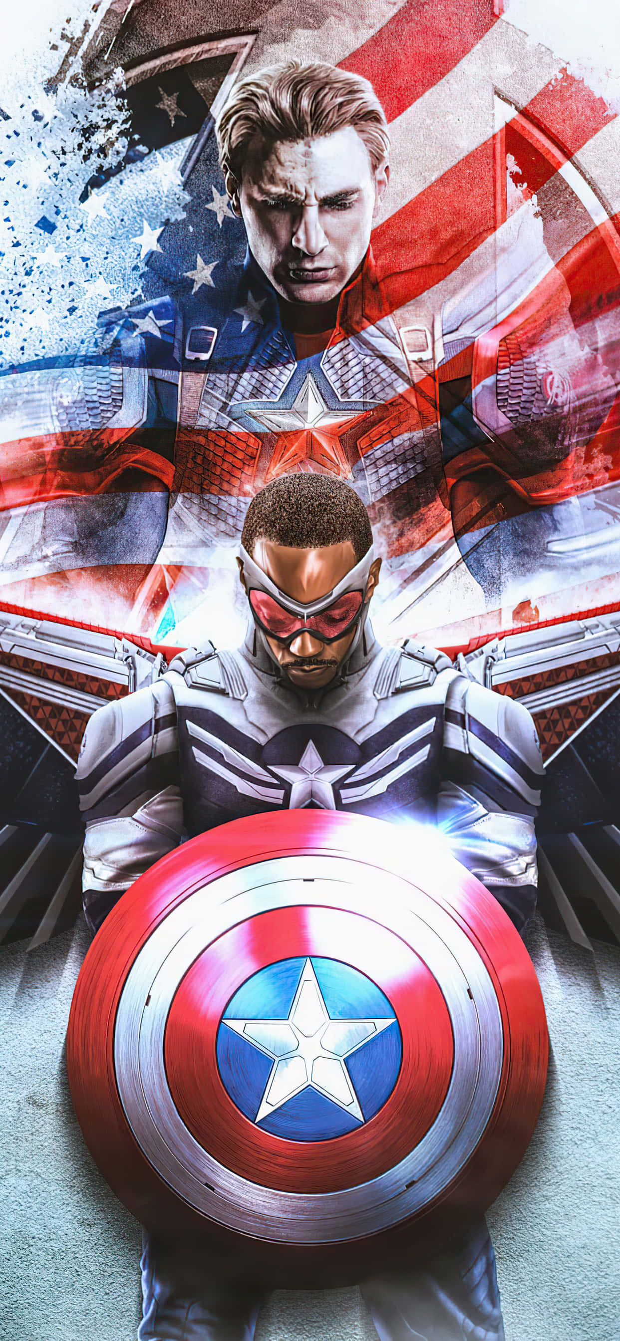 Captain America Android 桌布 壁紙 — 美國隊長和獵鷹以盾牌和翅膀英勇地站在愛國美國國旗背景前。