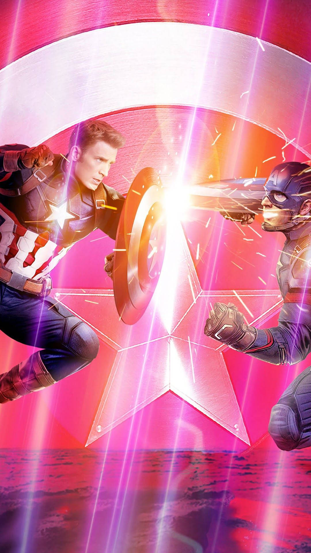 Captain America iPhone 桌布 壁紙 — 美國隊長和獵鷹在一場充滿動感的超級英雄戰鬥中碰撞，伴隨著發光的能量和星形盾牌。