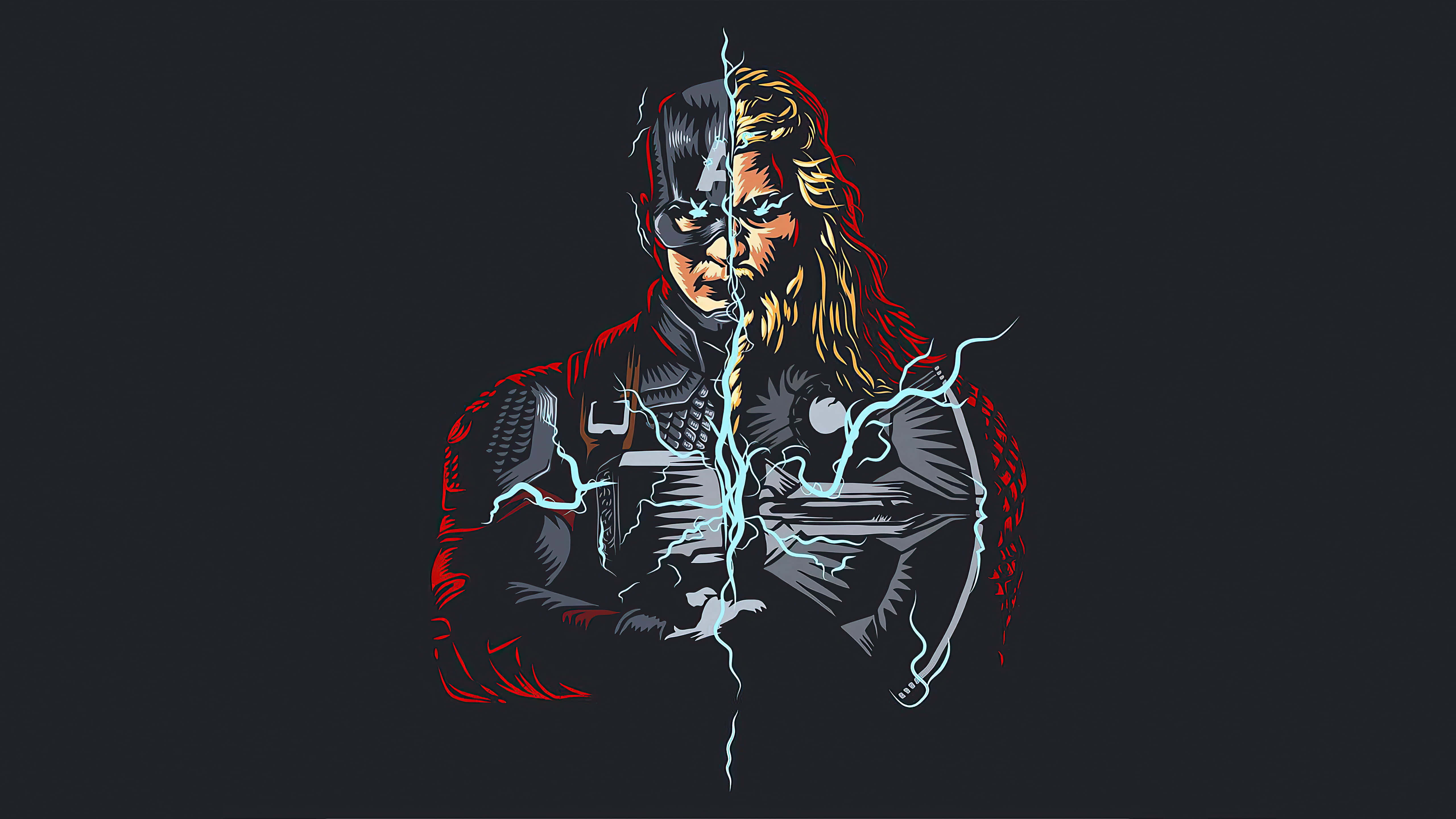 Retro Captain America 桌布 壁紙 — 美國隊長和索爾的分裂臉部插圖，閃電將他們分開，背景為深色。