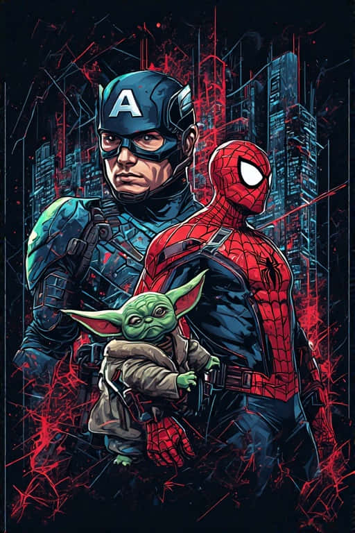 Marvel and Star Wars Fusion 壁紙 — 美國隊長和蜘蛛人保護性地與古古站在被紅色能量濺灑的黑暗城市景觀前。