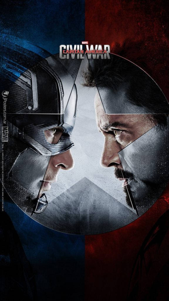 Captain America iPhone 桌布 壁紙 — 美國隊長和鋼鐵人在一個破碎盾牌框起的戲劇性分割畫面對峙中正面交鋒。