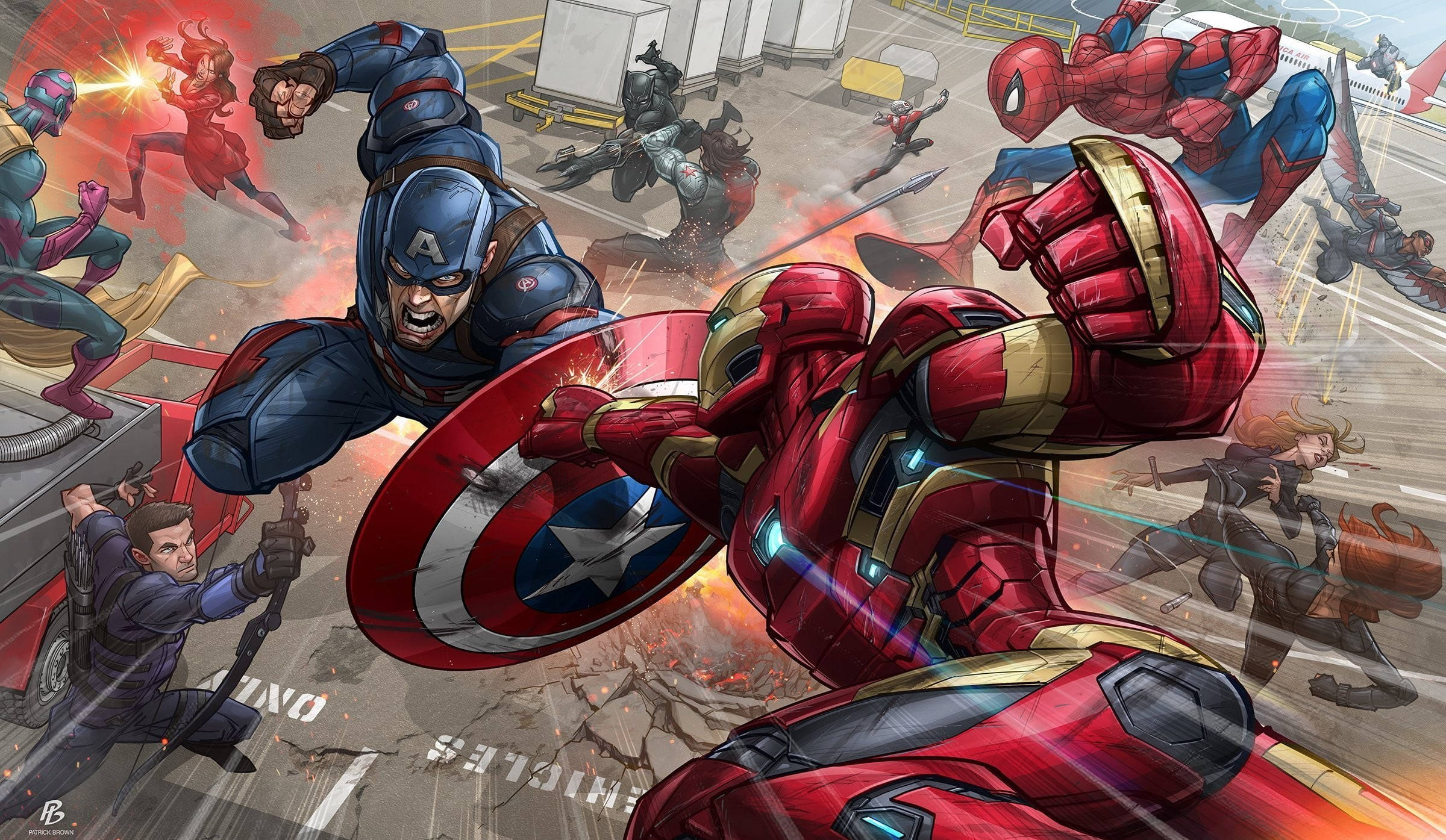 Marvel Avengers 桌布 壁紙 — 美國隊長和鋼鐵人在一場火熱的城市戰鬥中衝突，蜘蛛人和其他英雄圍繞著他們。