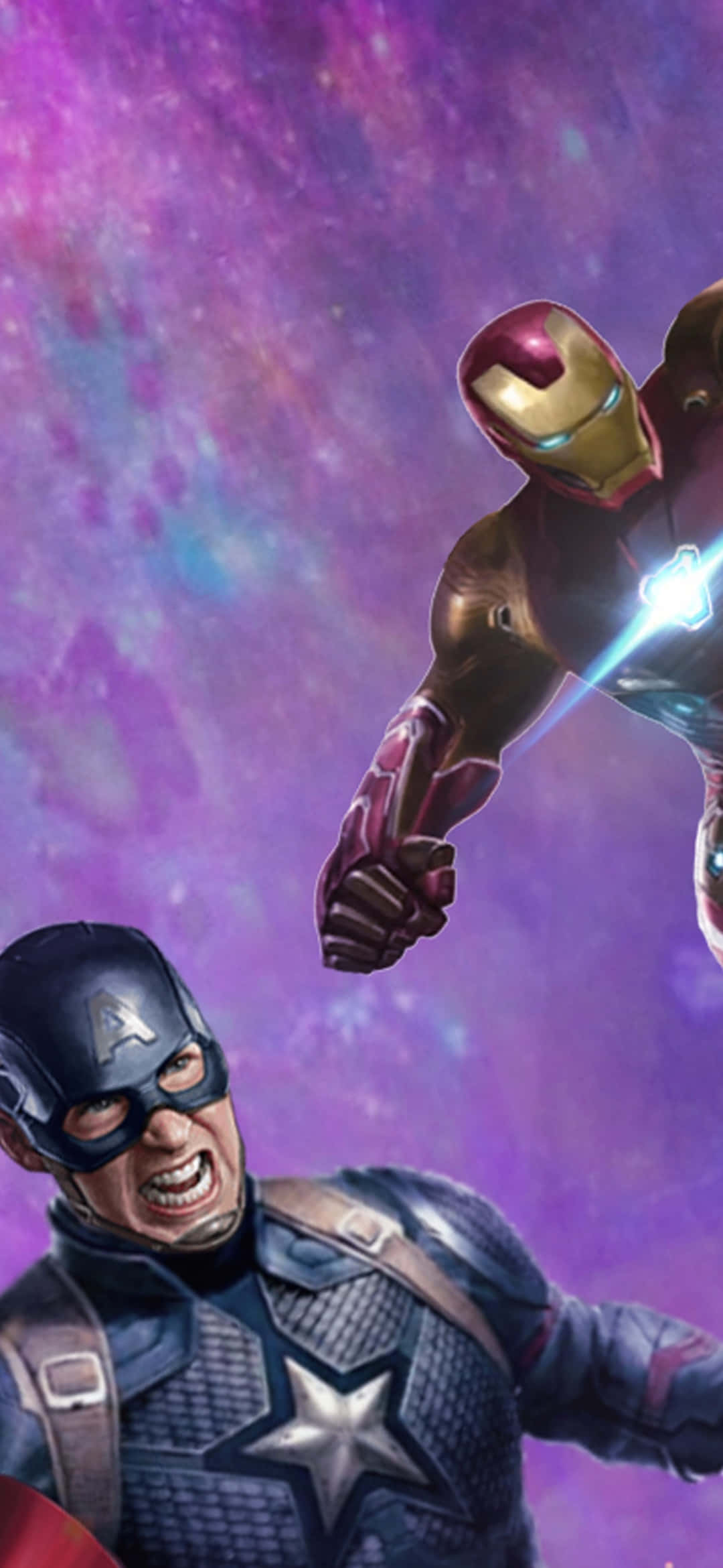 Captain America Movie 桌布 壁紙 — 美國隊長和鋼鐵人在旋轉的紫色星雲背景下進行宇宙大戰。