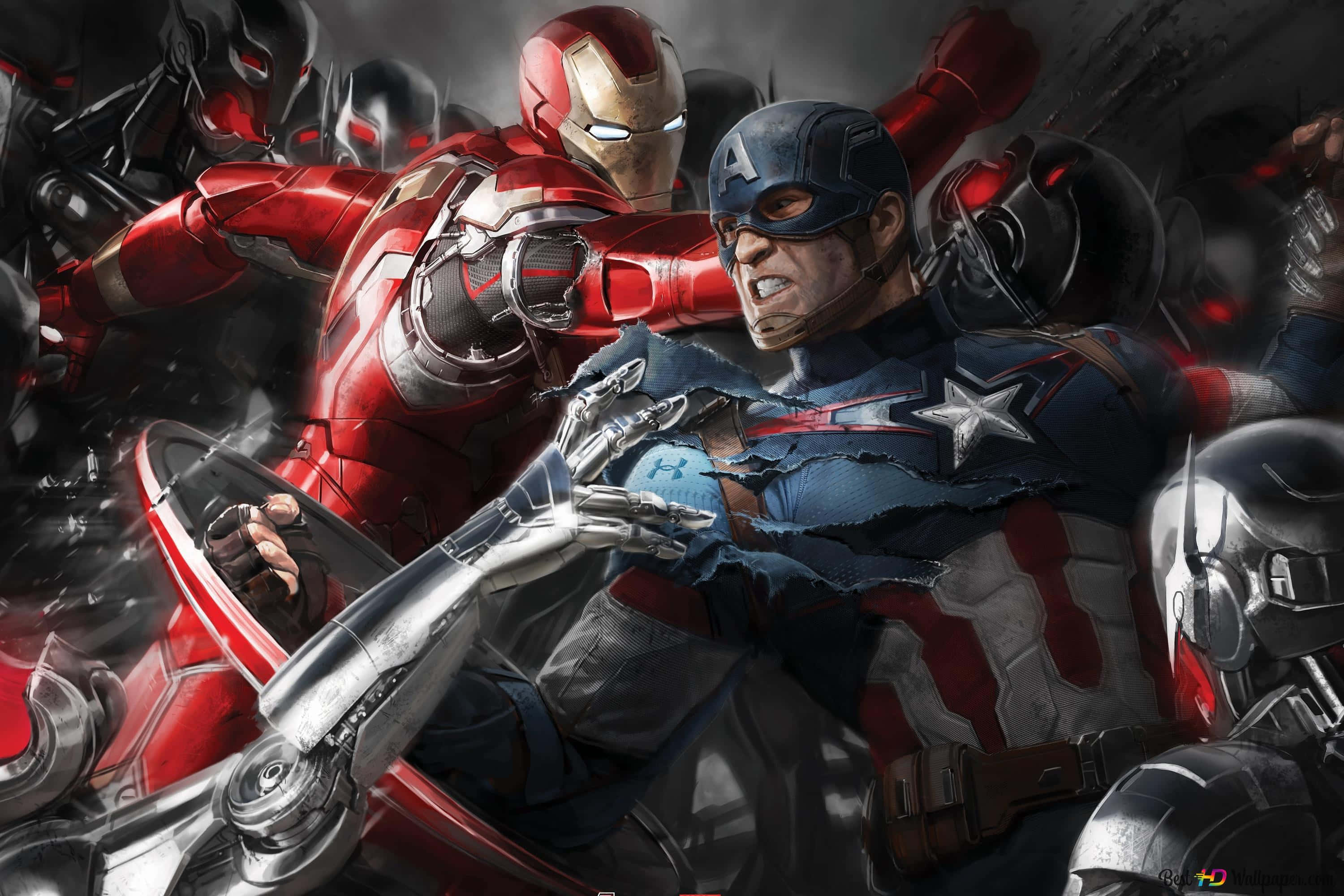 Captain America Desktop 桌布 壁紙 — 美國隊長和鋼鐵人在黑暗暴風雨的天空下與裝甲敵人進行激烈的戰鬥。