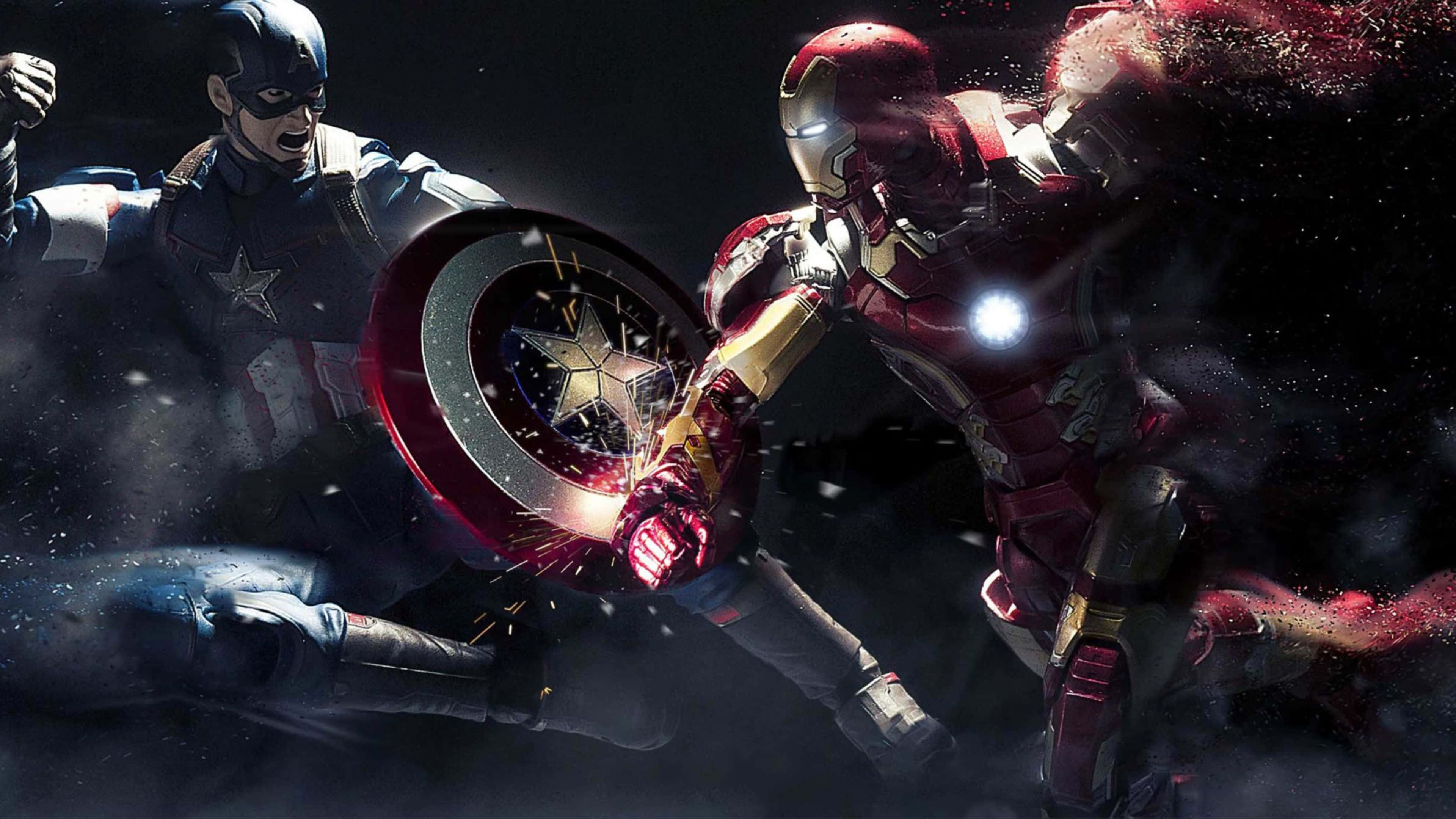 4K Captain America 桌布 壁紙 — 美國隊長和鋼鐵人在黑暗的宇宙背景下，武器擦出火花，展開了一場激烈的戰鬥。