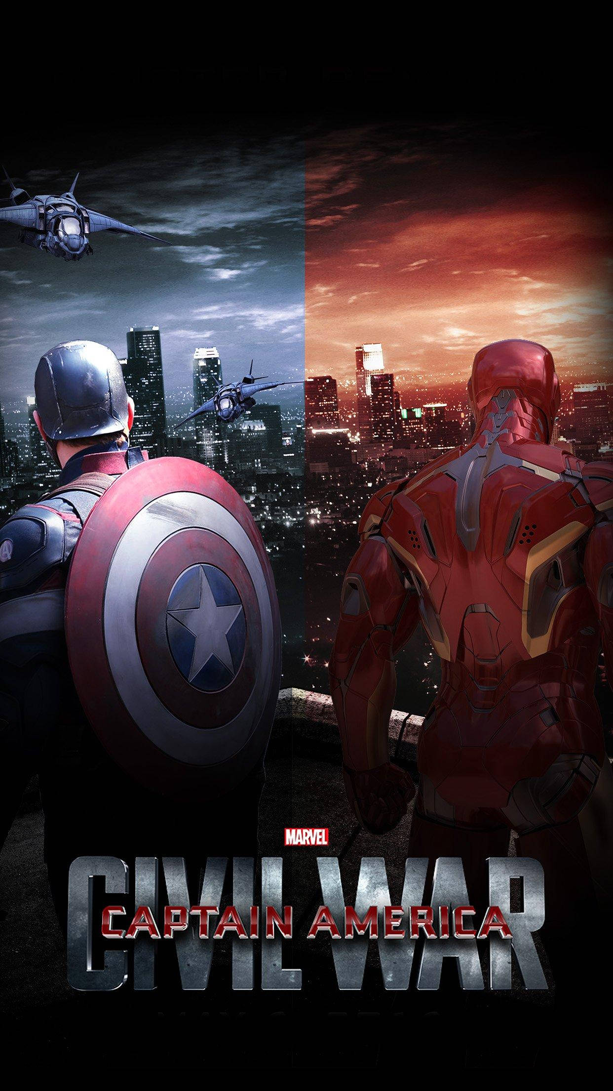 Captain America iPhone 桌布 壁紙 — 美國隊長和鋼鐵人背靠背站立，俯瞰著一個被暴風雨之夜和火熱日落分割的城市。