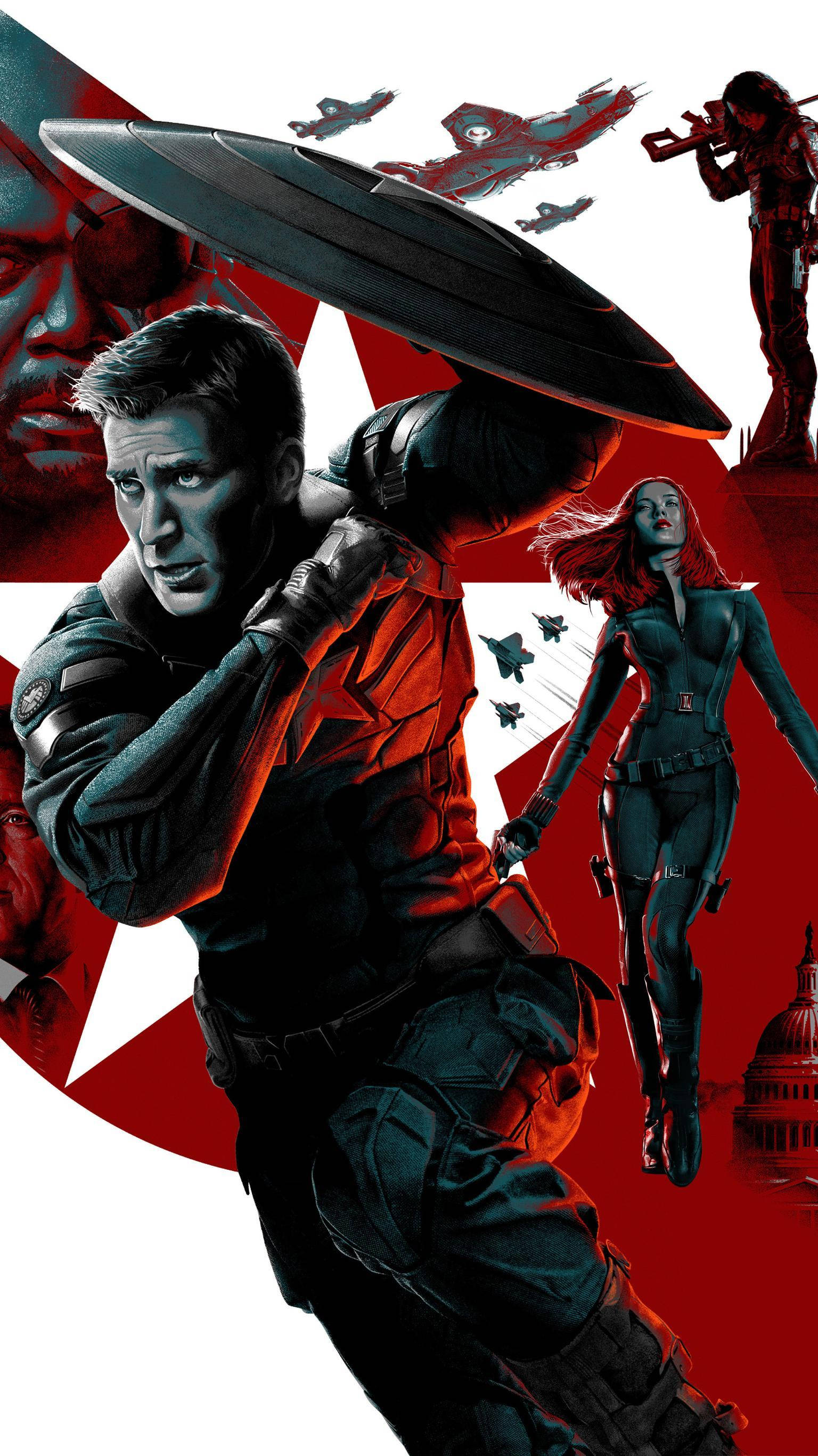 Captain America iPhone 桌布 壁紙 — 美國隊長和黑寡婦以大膽的紅白圖形風格準備就緒，背景有戰鬥機和國會大廈圓頂。