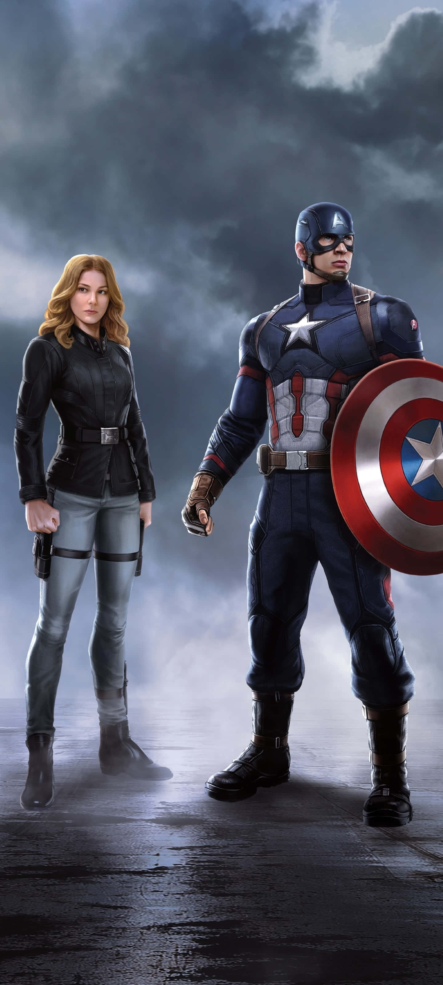 Captain America Movie 桌布 壁紙 — 美國隊長和黑寡婦在暴風雨天氣中準備就緒，美國隊長手持他的標誌性盾牌。