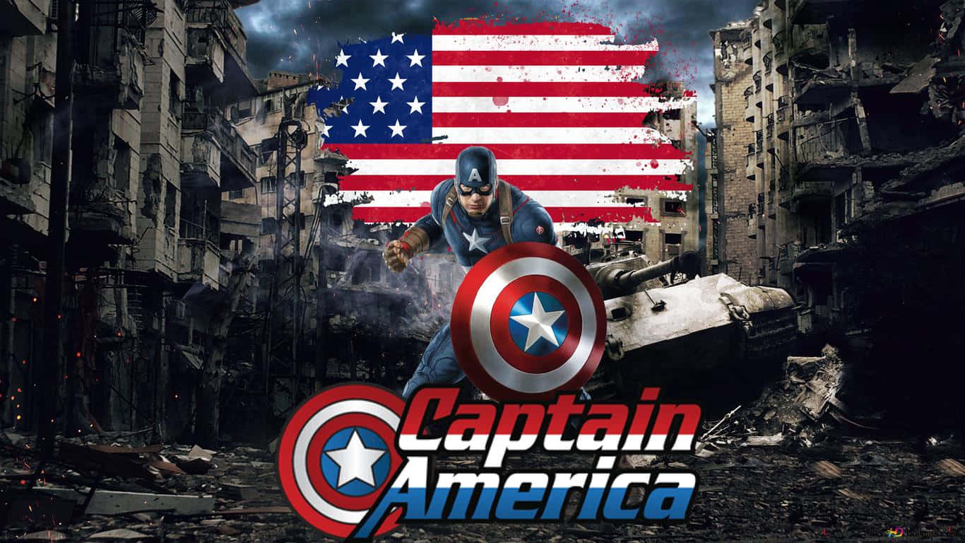 1366x768 Captain America 桌布 壁紙 — 美國隊長在一個被戰爭摧毀的城市中挑釁地站立，身後是一面沾滿血跡的美國國旗。