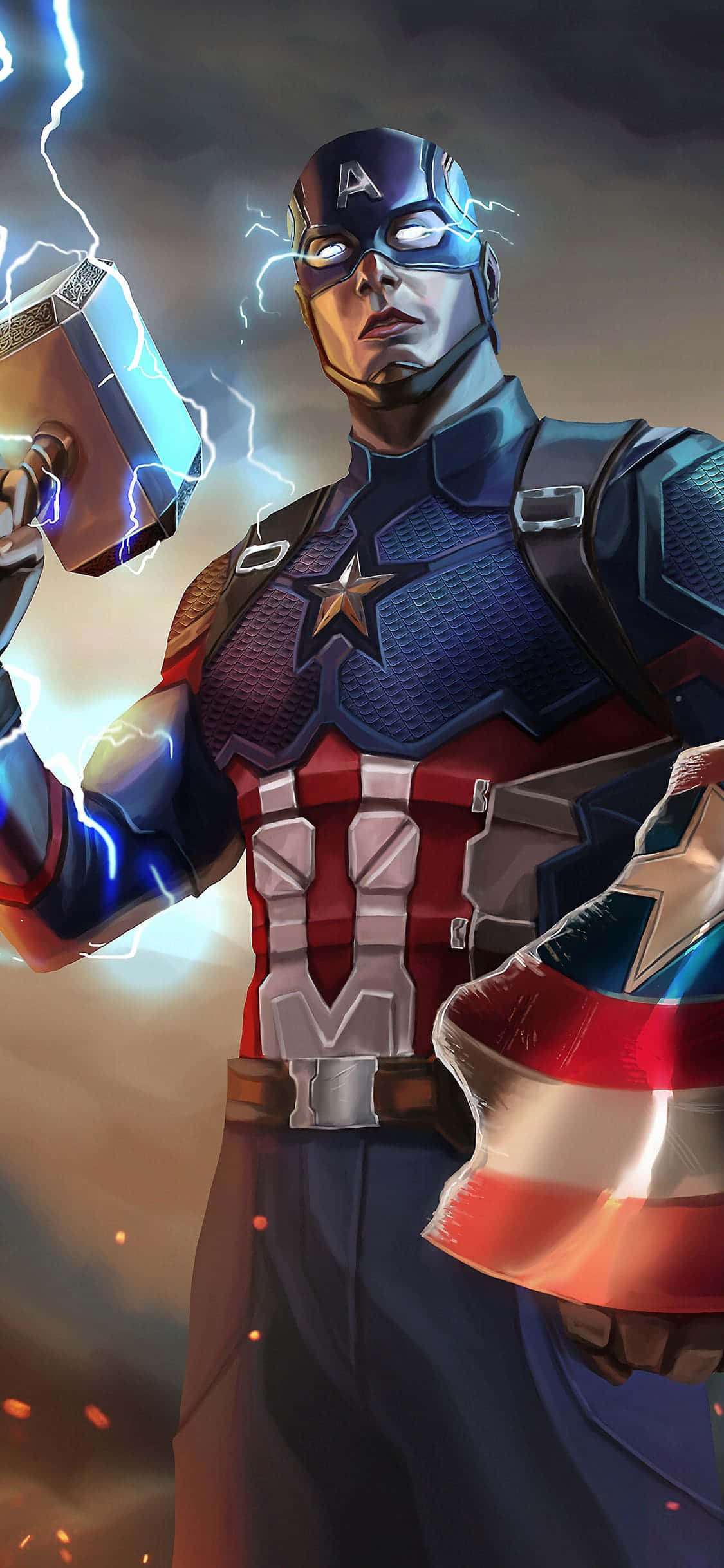 Android Captain America 桌布 壁紙 — 美國隊長在劈啪作響的閃電中揮舞著雷神之鎚，擺出戲劇性的英雄姿勢。
