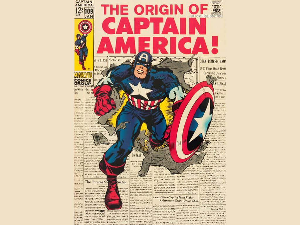 Retro Captain America 桌布 壁紙 — 美國隊長在動態漫畫封面插圖中衝破報紙背景。