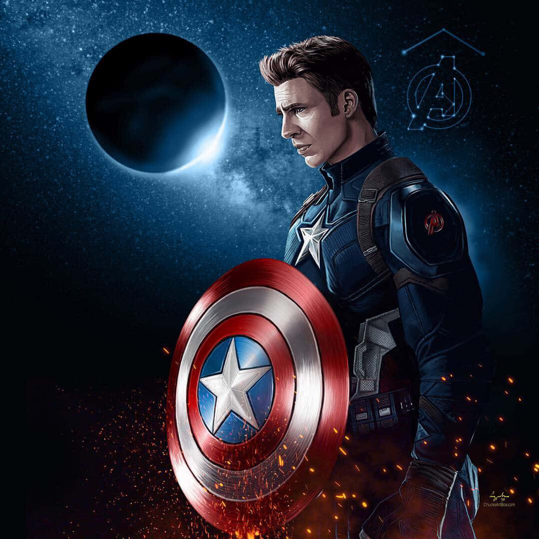Marvel Profile 桌布 壁紙 — 美國隊長在太空中英勇地站著，手持他標誌性的盾牌，火花四濺，身後有一顆行星。