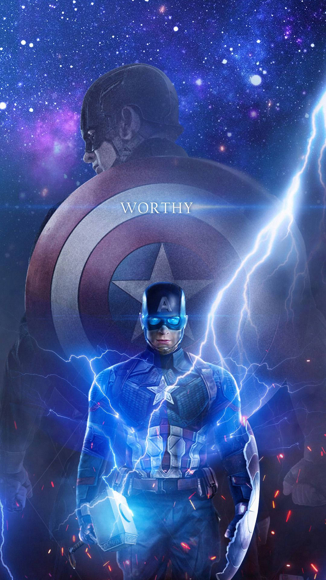 Captain America iPhone 桌布 壁紙 — 美國隊長在宇宙風暴中帶電，手持盾牌，身後「worthy」字樣發光。