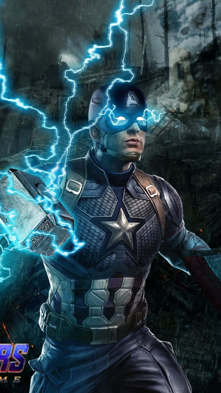 Captain America iPhone 桌布 壁紙 — 美國隊長在廢墟城市景觀中堅定地站立，藍色閃電在他的盾牌和頭盔周圍劈啪作響。