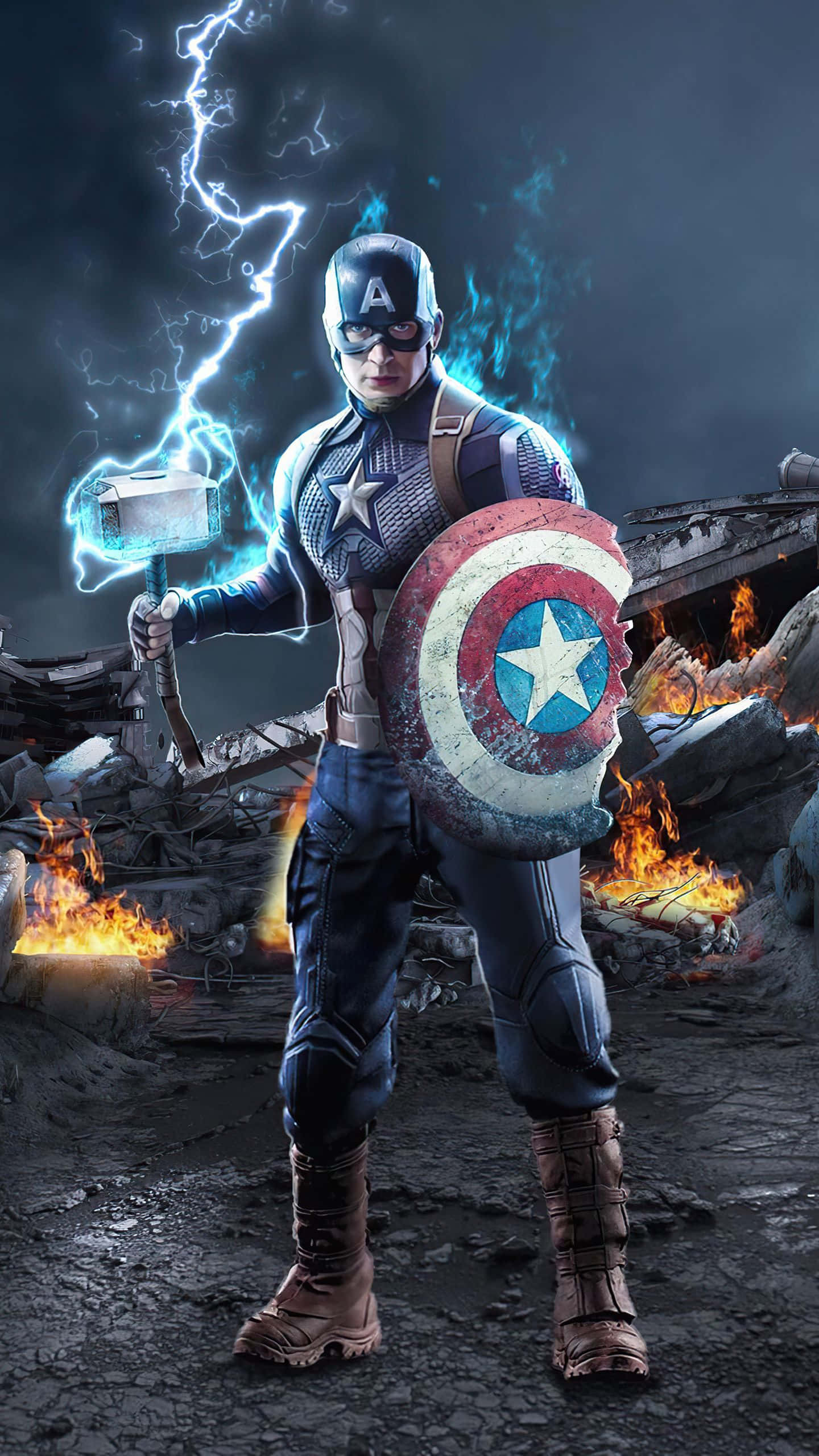 Marvel Captain America 桌布 壁紙 — 美國隊長在廢墟戰場上挑釁地站立，手持雷神之鎚和盾牌，周圍閃電擊打，火焰肆虐。