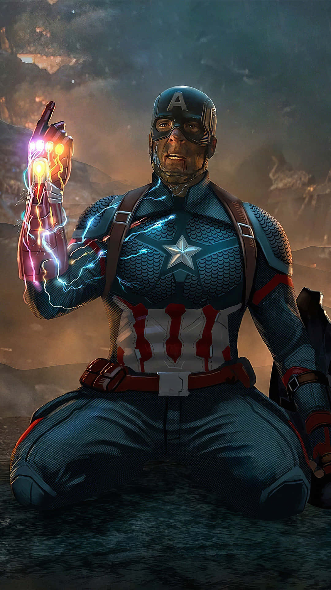 Captain America Desktop 桌布 壁紙 — 美國隊長在廢墟戰場上跪下，手持發光的無限手套，閃電在他手臂周圍劈啪作響。