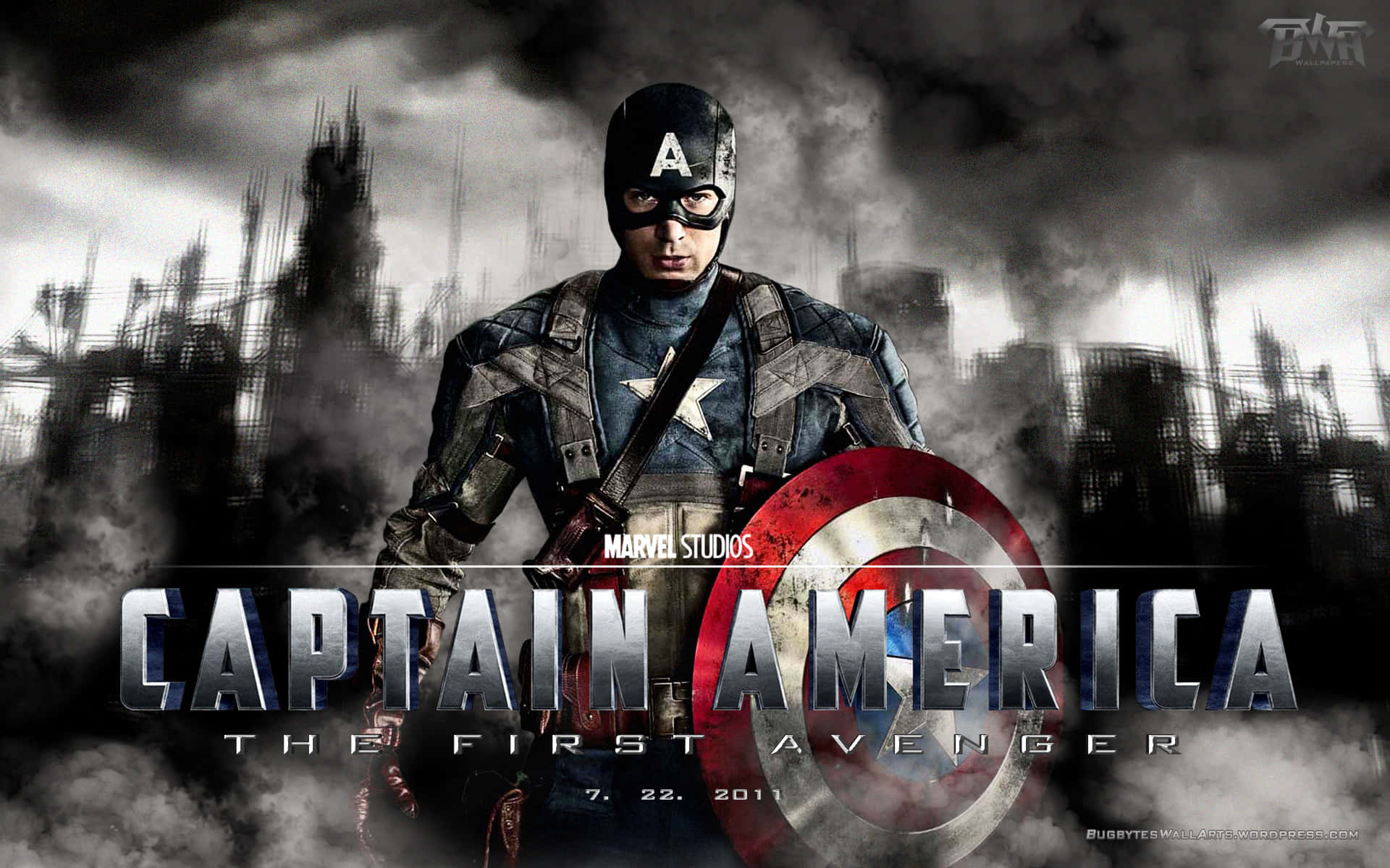 Captain America Movie 桌布 壁紙 — 美國隊長在戰火摧殘的城市景觀中堅定站立，手持標誌性盾牌，面對風暴和煙霧瀰漫的天空。