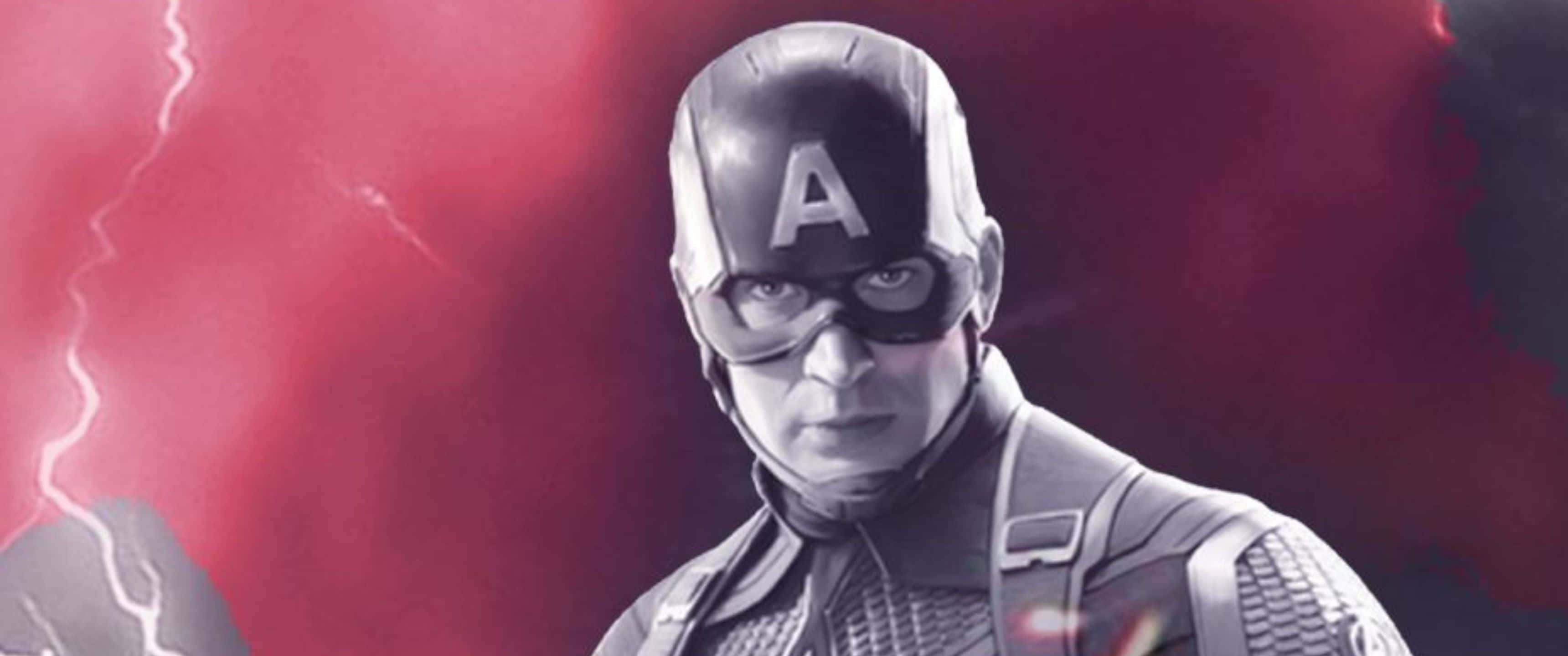 Marvel Movie 桌布 壁紙 — 美國隊長在戲劇性的紅色天空和背後閃電的背景下堅定站立。