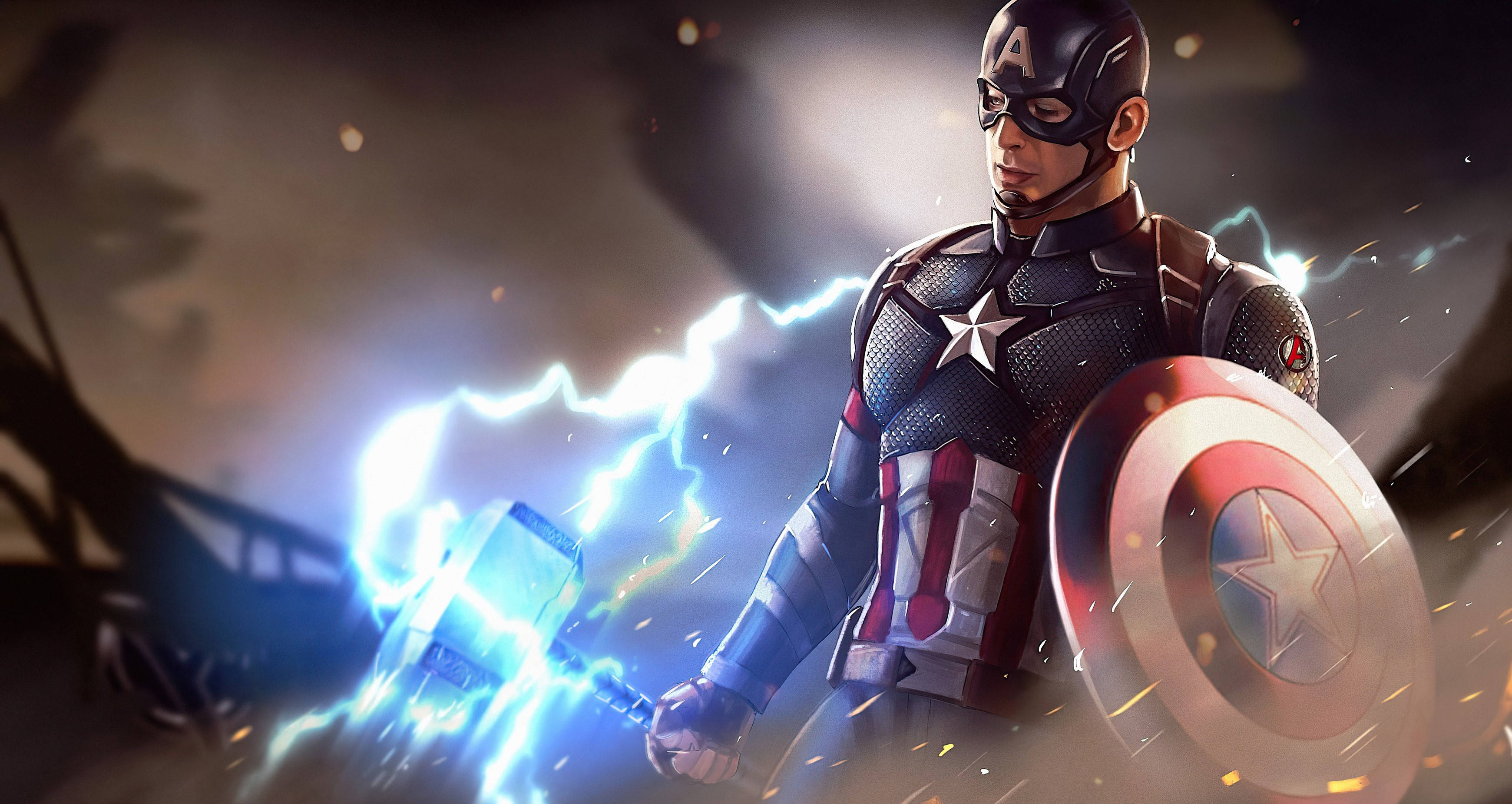 Best Captain America 桌布 壁紙 — 美國隊長在戲劇性的電影場景中，於噼啪作響的閃電中揮舞著發光的錘子和盾牌。