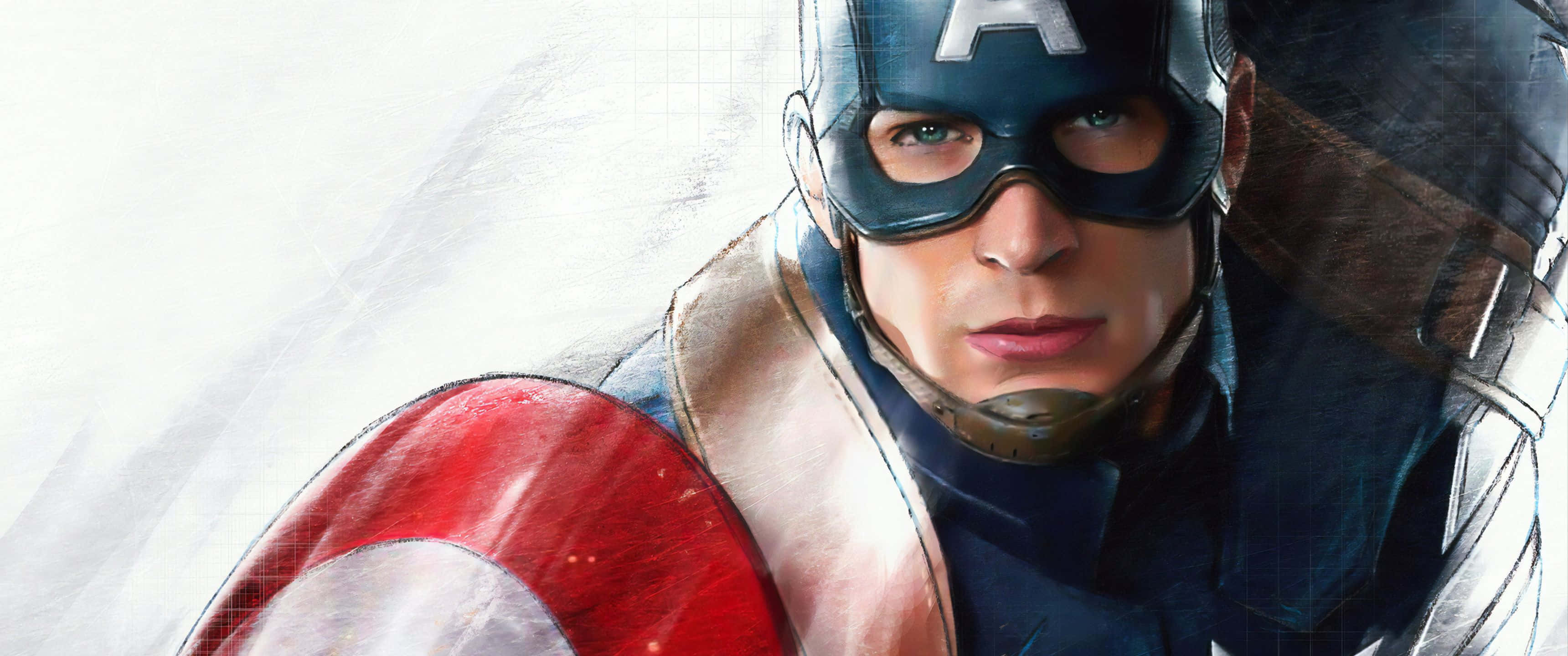 Marvel Movie 桌布 壁紙 — 美國隊長在明亮的雪景背景下，專注地向前凝視，手持他標誌性的紅、白、藍盾牌。
