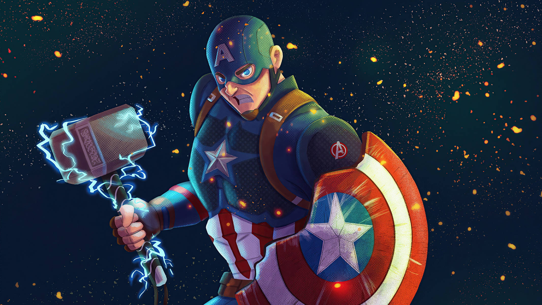 Marvel Captain America 桌布 壁紙 — 美國隊長在星光閃爍的宇宙背景下揮舞著雷電強化的錘子和他的標誌性盾牌，周圍有發光的粒子。