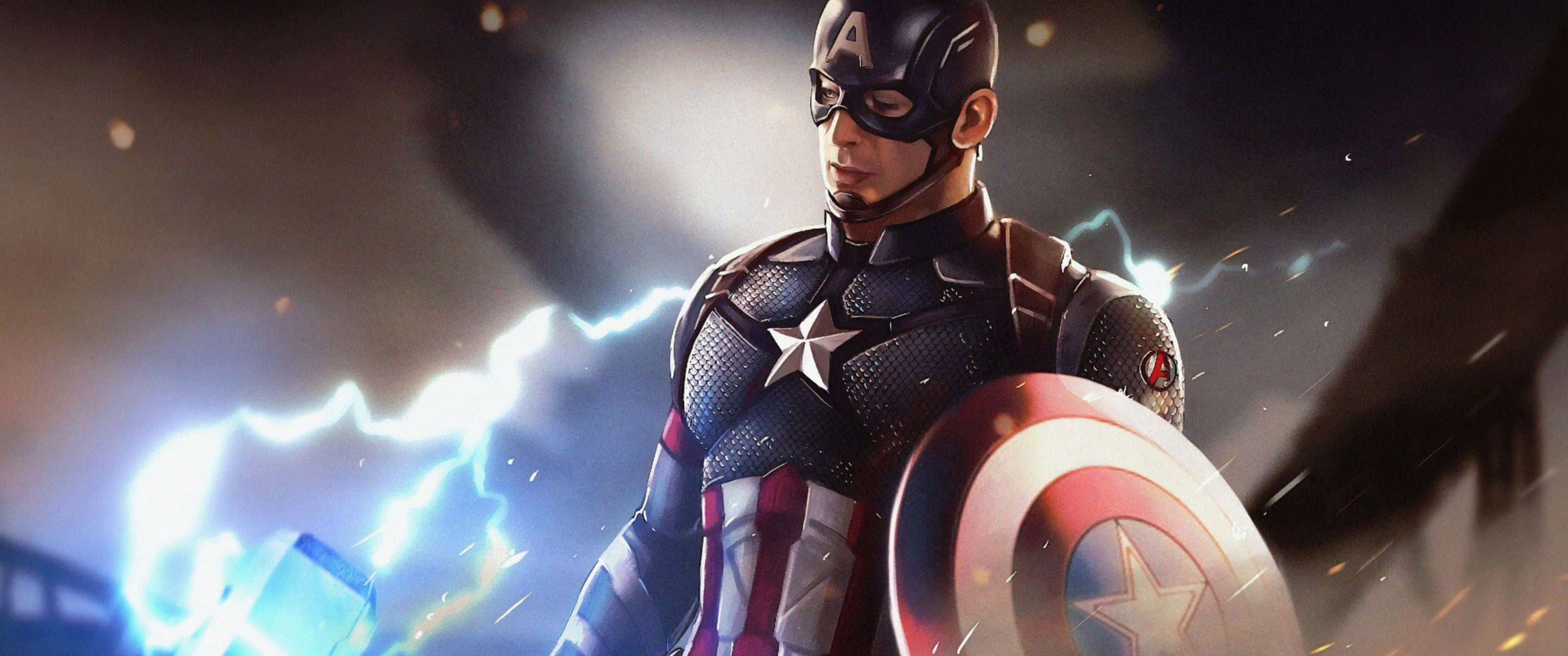 3440x1440p Captain America 桌布 壁紙 — 美國隊長在暴風雨戰場上英勇站立，身後閃電劈啪作響，盾牌準備就緒。